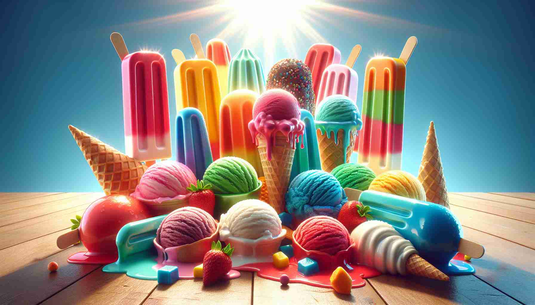High definition, realistic image featuring an array of vibrant, colorful ice-cream delights. Be sure to depict various frozen treats preferred during summer days, such as cones, popsicles, and bowls, each beaming with radiant shades of colors to signify their diverse flavors, ranging from intense red strawberry to soothing blue mint. Position them against a backdrop of a bright sunny day, casting a playful shadow, accentuating the energy and joy of summer. Show the ice cream melting slightly under the hot sun to highlight the heat, epitomizing the spectacular contrast of cold sweet treats amidst the sweltering summer heat.