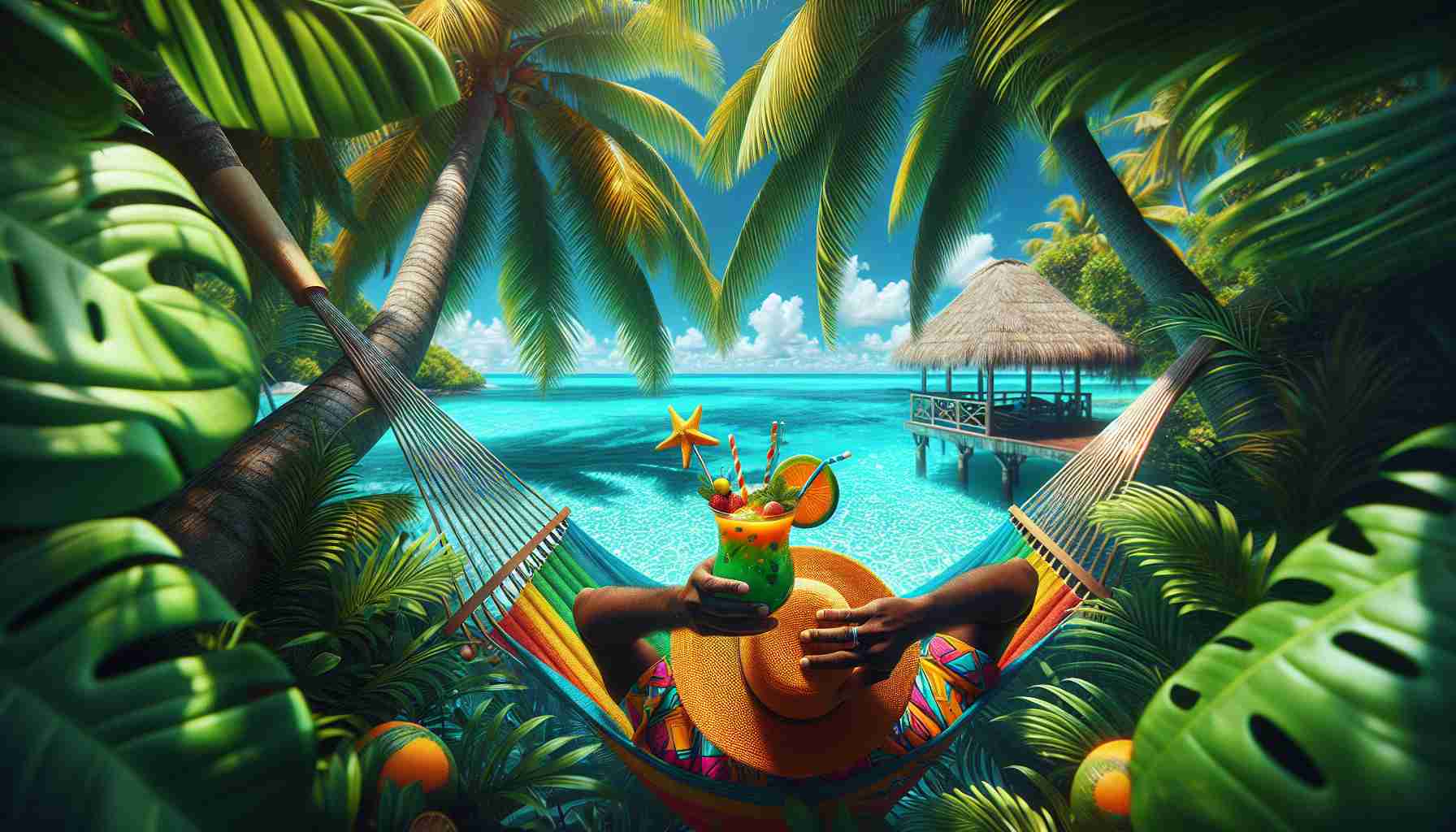 High-definition visual representation of a relaxing, tropical scene. A vibrant landscape where a gentle breeze rustles the palm fronds, turquoise waters shimmering under the sun. A person of black descent, clad in vibrant beach-wear, is enjoying a cool tropical drink framed by slices of exotic fruit. The straw hat they wear provides shade from the sun, as they kick back on a hammock strung between two sturdy palm trees. A sensation of cooling off amidst a tropical paradise is intended to be deeply conveyed in this image.
