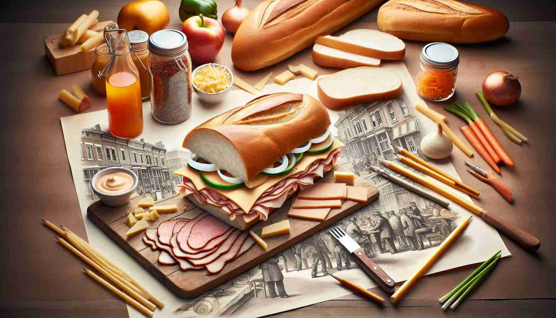 Create a high-definition, realistic photo that visually represents the cultural origins of Philadelphia's iconic sandwiches. It should include a spread of ingredients typically used in these sandwiches, like sliced meat, cheese, onions, and bread. Also, illustrate the process of preparation and serving in a setting that hints at the historical and cultural background of Philadelphia, such as a traditional kitchen or a historic sandwich shop.