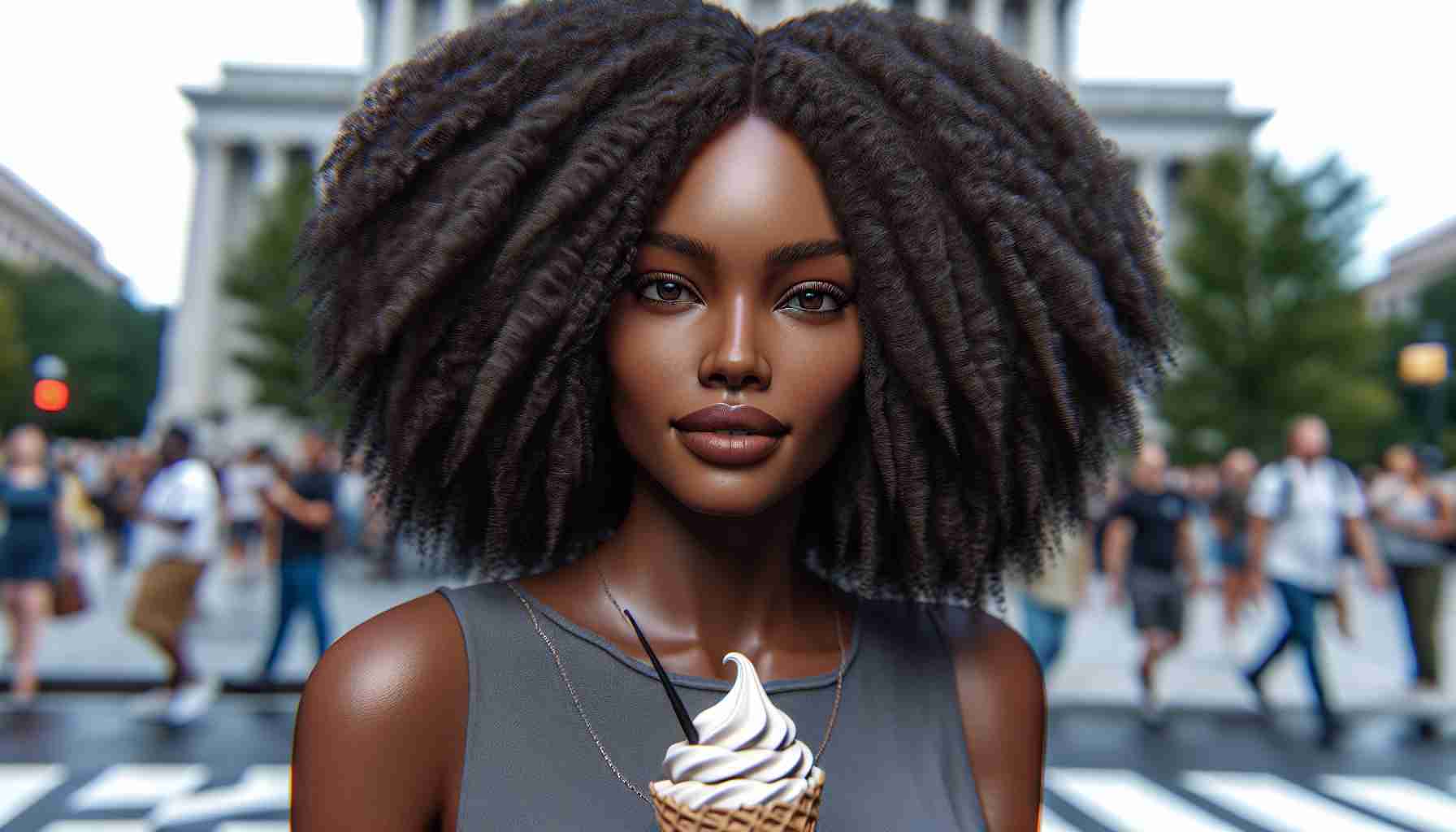 Realistic HD photo of a highly successful African-American female model, known for her ground-breaking work in the fashion industry, launching a unique ice cream experience in Washington, D.C.