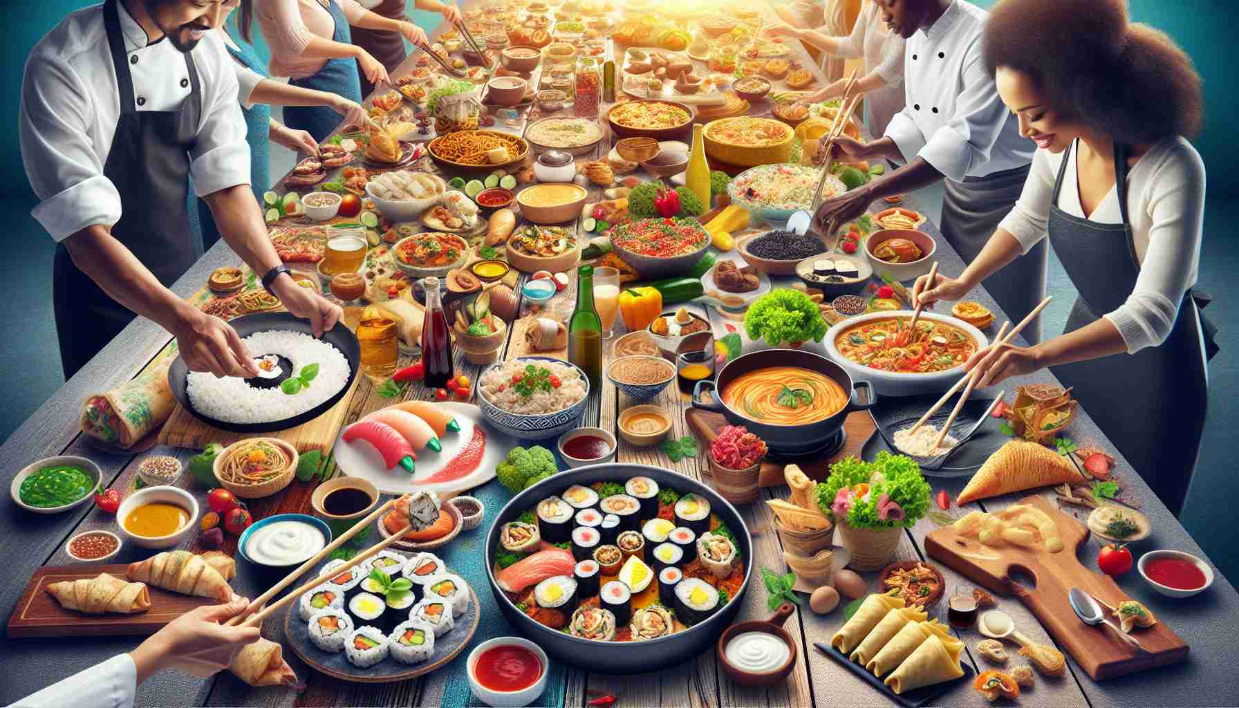 A high-definition image capturing a culinary adventure that crosses geographical boundaries. The picture should display a blend of food from various regions across the globe. It could include a South Asian woman meticulously rolling sushi while an African man stirs a pot of Italian pasta. There could be a table spread extensively with myriad dishes - from Mexican tacos to Middle Eastern falafel, from French crepes to Chinese dim sum, thus representing the culinary diversity and fusion. A balance of vibrant colors and appealing textures amongst all the dishes being prepared is anticipated to enhance the appeal.