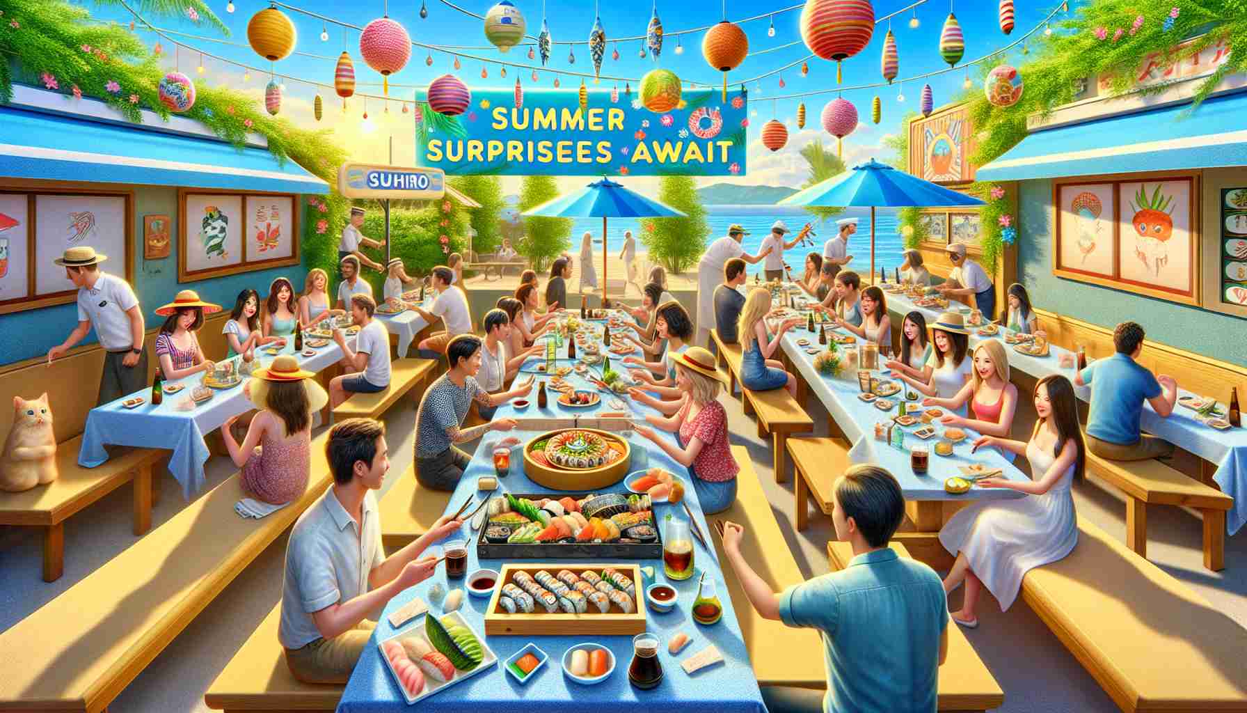 Create a life-like, high definition image of an exciting summer scene happening at a sushi restaurant named Sushiro. There is a clear blue sky outside, the sun is shining brightly, and customers of various genders and descents are happily enjoying their sushi meals. Festive decorations with common summer symbols are adorning the walls and the staff is busily serving the customers. In the center of the restaurant, there's a table with a brightly colored sign saying 'Summer Surprises Await'. There are intriguing, covered dishes arranged on that table, suggesting a special summer menu or offer.