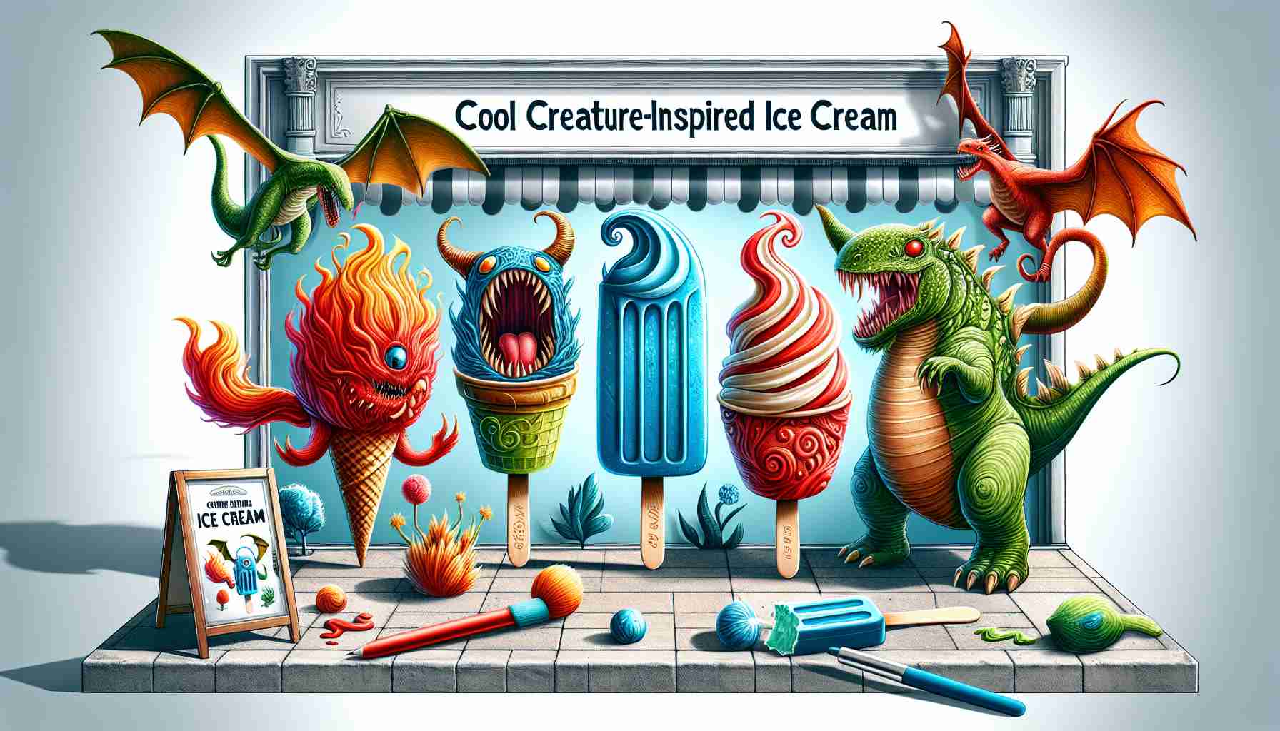 Imagine an ice cream treat inspired by the theme of fantastical creatures. Each treat is a marvellous blend of creativity, colour, and deliciousness. They come in various shapes inspired from monsters, like a fiery red cone with a swirl top resembling a dragon, a blue popsicle shaped like a sea creature, and a green cup with a scoop resembling a forest creature. The background represents the ice cream store showcasing these summer delights. An accompanying sign displaying 'Cool Creature-inspired Ice Cream' ties everything together. Capture the vibrancy and detail in a realistic high-definition style.