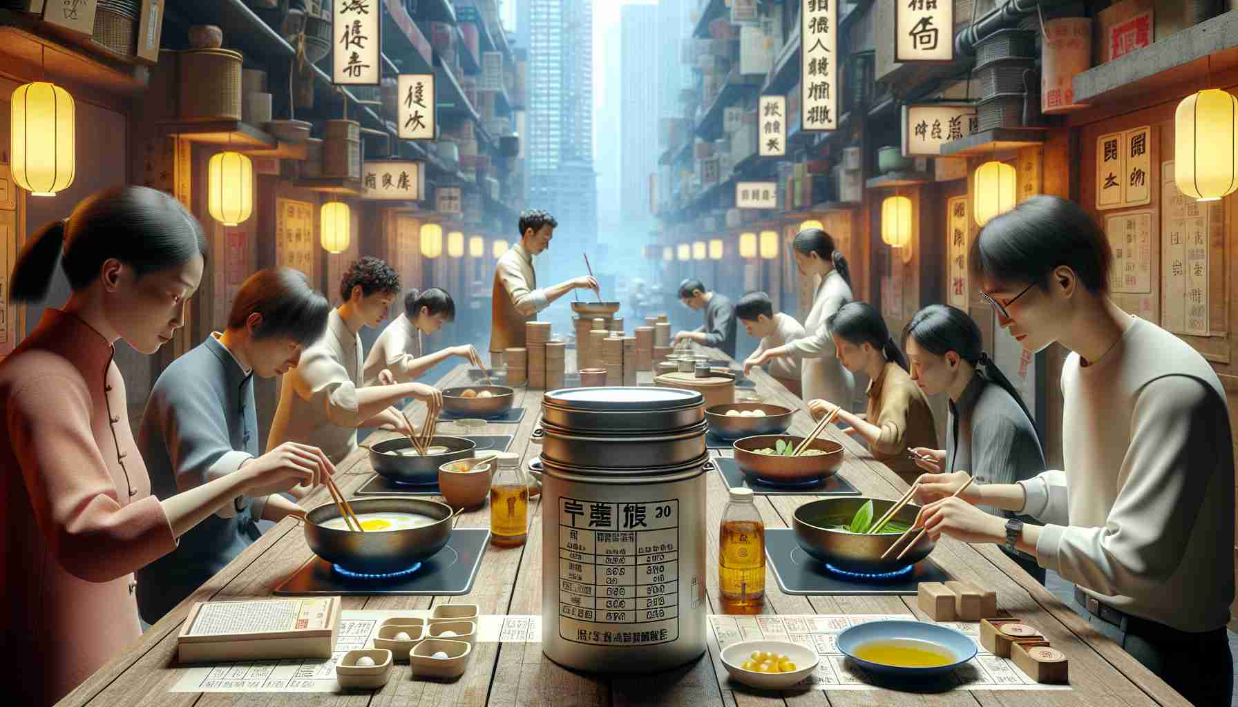 High definition and realistic image of a new trend gaining traction in China amidst concerns about the safety of cooking oil. The scene should show people exploring alternative cooking methods, possibly using traditional Chinese cookware and ingredients. Please include the elements of contemporary Chinese urban or suburban kitchens, highlight the safety precautions taken, such as labels on the oil containers indicating safety standards, and showcase the undulated sense of attentiveness reflected in the faces of different people, of diverse genders and descents.