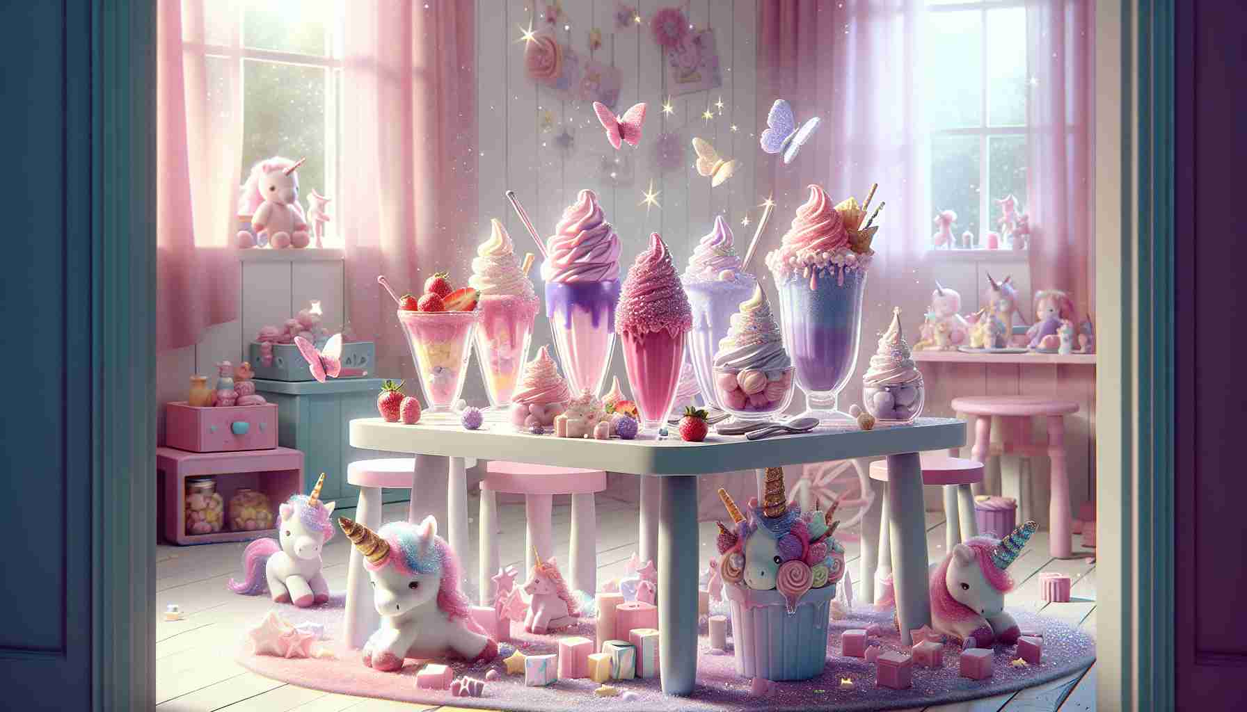 A realistically rendered, high-definition image showcasing the magic of children's dreamy playtime. Imagine a scene featuring a table laden with enticing frozen treats, inspired by the favorite hues of a cherished childhood doll: pinks and purples, pastels and sparkles. Strawberry ice cream sundaes, blueberry sorbets, and vanilla unicorn milkshakes, all garnished with glistening sprinkles, glittering sugar butterflies, and tiny marshmallow unicorns. The scene is set in a light-filled, pastel-coloured room, with child-sized furniture and enchanted toys scattered around, fostering an ambiance of sweet innocence and nostalgia.