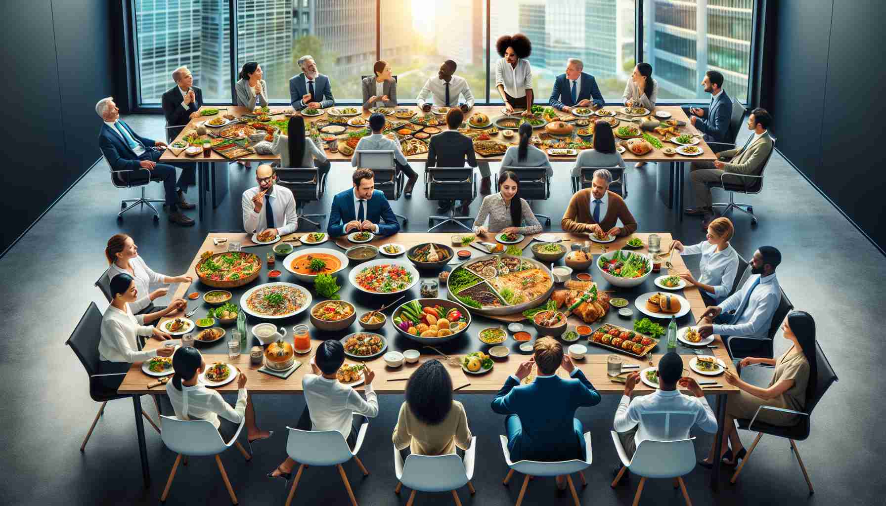 Create a high definition image capturing the essence of fusion cuisine within a corporate office setting. Interpret the scene to contain a variety of food dishes showing a blend of different culinary traditions. The office should be a modern workspace meeting room with state-of-the-art facilities. In the scene, include multiple people of diverse descents like Caucasian, Black, Hispanic, Middle-Eastern, and South Asian. The genders should also be diverse, depict both men and women enjoying the food, perhaps discussing the unique flavors and combinations. Let the environment be vibrant with excitement and curiosity about the fusion cuisine.