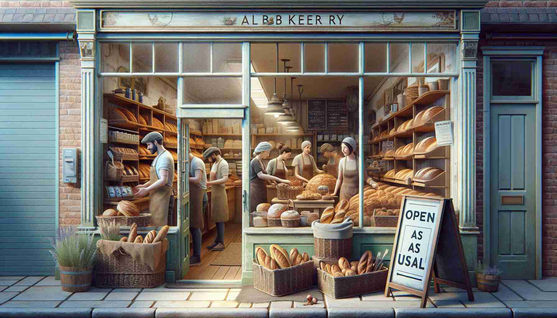 Create a high-resolution realistic image showcasing the resilience of a local bakery after a break-in incident. Show a well-lit bakery with the warmth of freshly-made bread. The various dents and scratches left from the burglary on the bakery's quaint, rustic exterior are being mended, demonstrating resilience and determination. The workers, a group of diverse individuals varying in gender and descent, are efficiently running the bakery, their faces demonstrating determination and teamwork. The display case is full of a variety of delicious treats, showing that business continues as usual, and a sign outside reading 'Open as Usual', symbolizes their persistence.