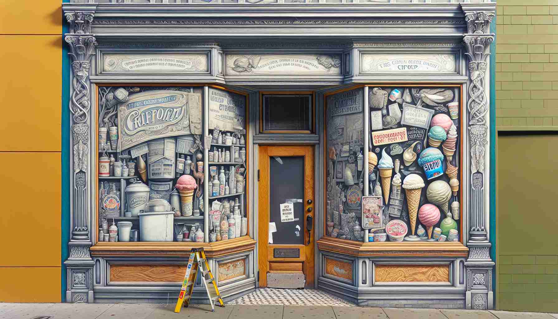 Detailed high-definition image of the exterior view of a popular ice cream shop in San Francisco, known for its unique and exotic flavors, with signs of recent challenges such as repair works or a boarded-up window due to a recent unfortunate incident.