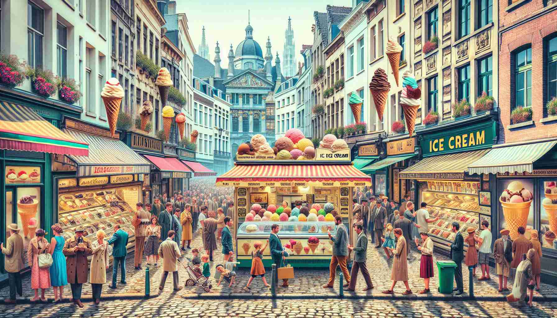 An HD photograph capturing the lively ice cream scene in Brussels, Belgium. Show people with diverse descents, such as Caucasian and Middle Eastern, both male and female, savoring their ice creams. Include a variety of ice cream parlors and stalls, displaying arrays of delectable treats. Some street views with historical European buildings and cobblestone streets can also be added for a more realistic look of Brussels' scenario.