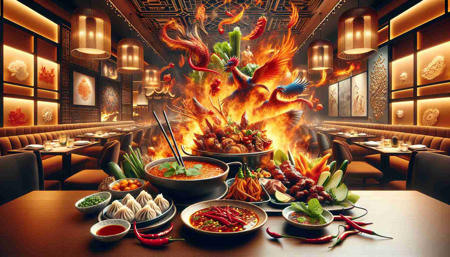 Generate a hyper-realistic high definition image that showcases the latest fiery trends in Chinese cuisine. The picture should incorporate a variety of dishes that are gaining popularity — perhaps a flaming hot pot surrounded by exotic new ingredients, a plate of spicy dumplings garnished beautifully, or crispy roasted Sichuan chicken with a side of chili garlic sauce. The background should be a contemporary Chinese restaurant ambiance, full of warm and inviting colors, refined table settings and subtle aesthetic elements like traditional Chinese art and intricate carvings.