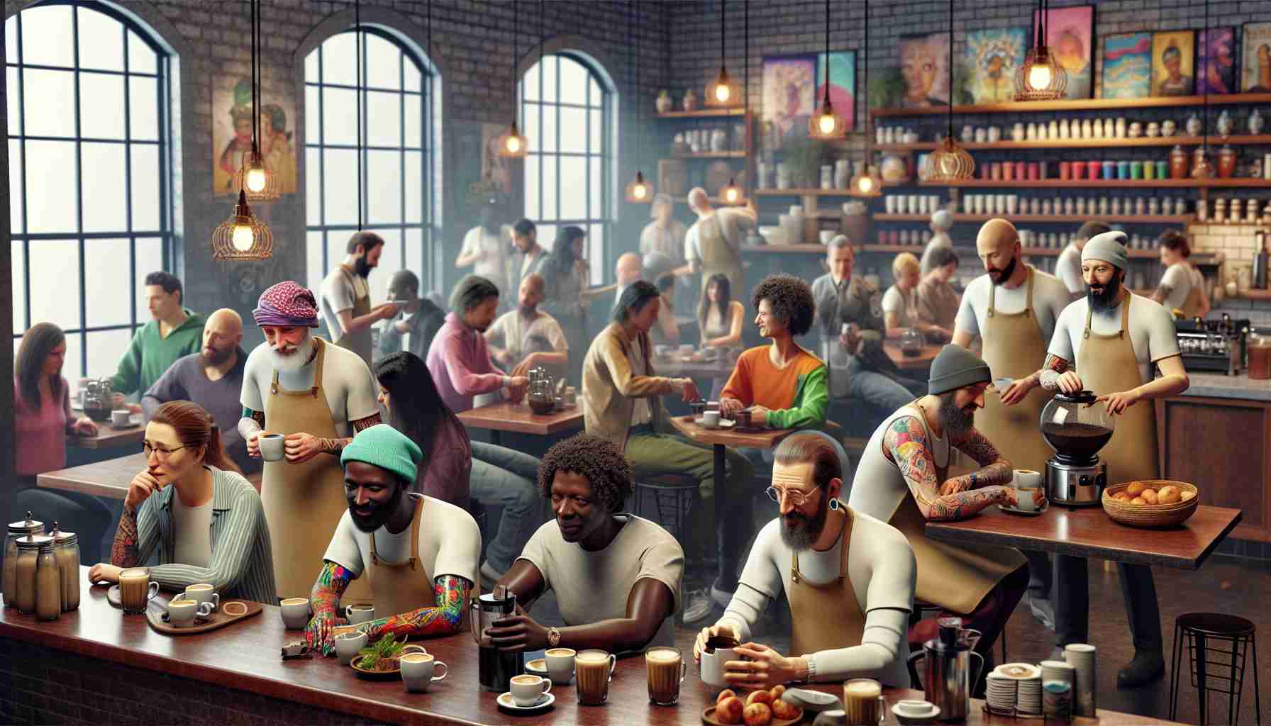 Realistic HD photo of a unique coffee shop where empowering of ex-convicts is being facilitated. The cafe is filled with diverse individuals of various descents and genders, showcasing a welcoming and inclusive atmosphere. Each individual is engrossed in their own activity - brewing coffee, serving customers or simply immersed in friendly conversations. Many of the employees themselves are rehabilitated ex-convicts, contributing to the positive vibe of the place, their facial expressions reflecting a sense of pride and accomplishment. The interior is intricately decorated with warm lighting, comfortable seating arrangements and eclectic decorations, exuding a cozy and friendly aura.