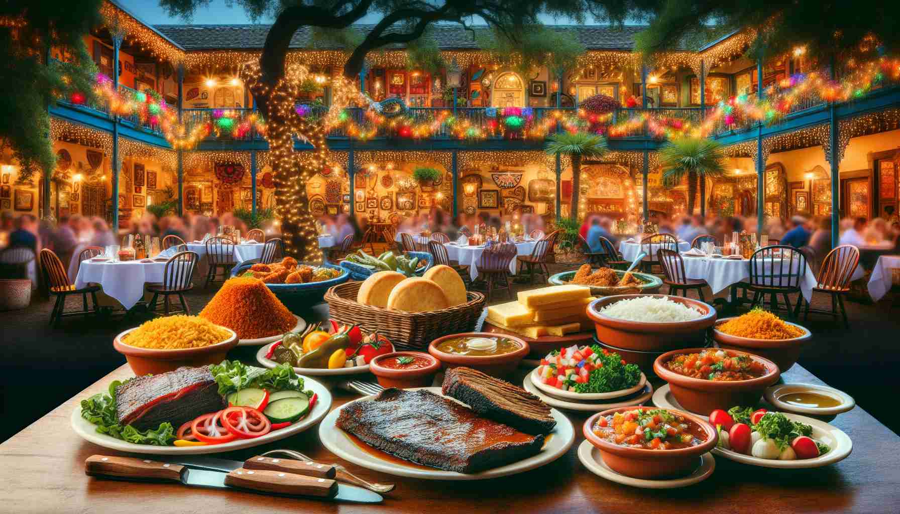 High definition image of a feast representing Lubbock's fantastic culinary scene. The table is set with a variety of cultural treats, featuring Tex-Mex favorites & traditional Southern cuisine. Picture plates filled with savory beef brisket, delicious enchiladas, and crispy chicken fried steak. Sides include warm cornbread, fresh collard greens, and beautifully presented bowls of pico de gallo. In the background, glimpses of enchanting restaurants can be seen – charming outdoor patios, rustic dining rooms, twinkling lights adding a magical touch to the festive atmosphere.