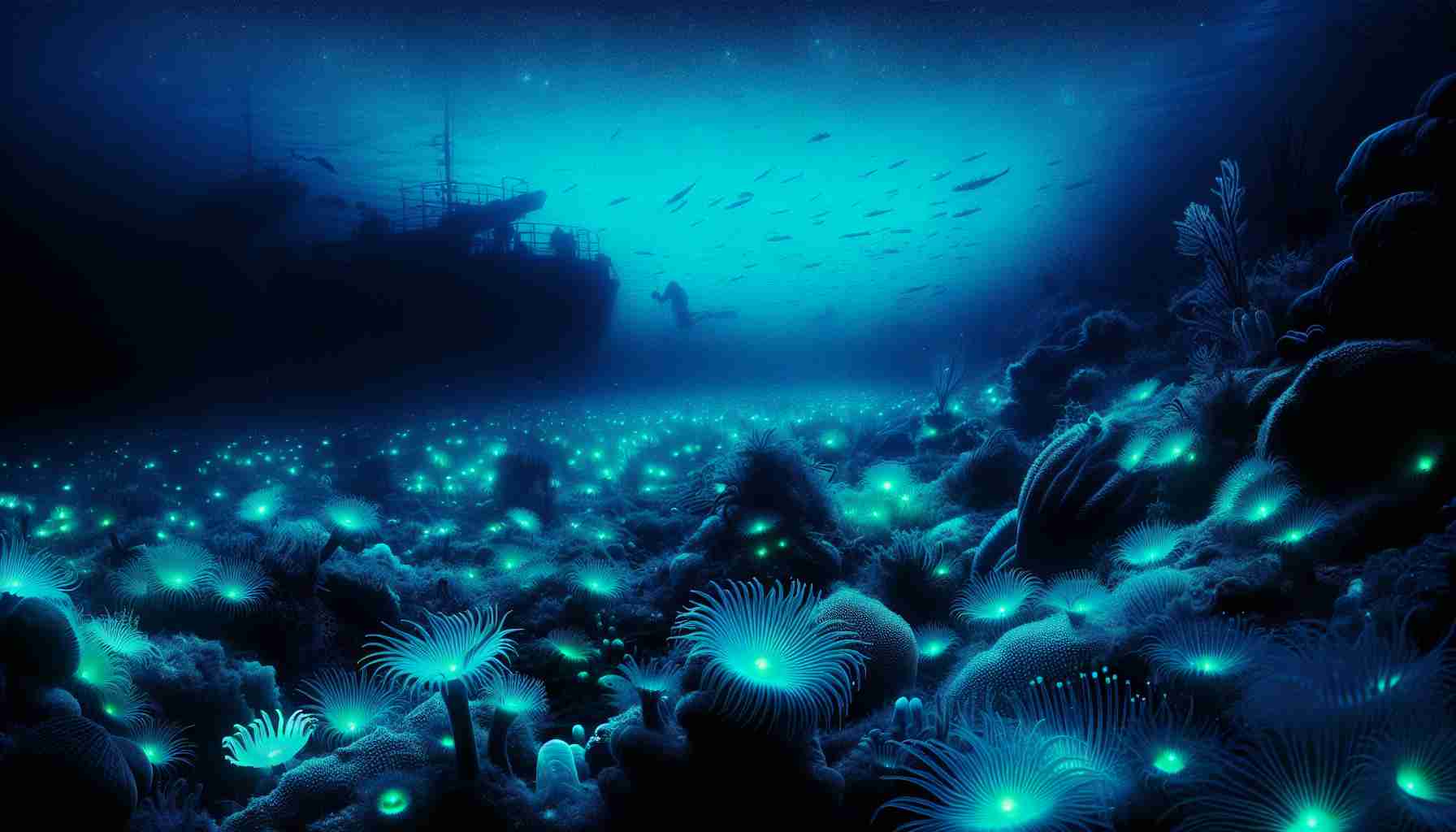 A vivid, high-definition image capturing an underwater scene in the deep sea. The blue-green milieu is punctuated by occasional flashes of bioluminescent marine creatures. The scene is infused with a sense of exploration and discovery as we get the impression of a journey through the unknown. Stealthy silhouettes of large marine animals may be seen in the distance. The composition gives the viewer a sense of depth and boundlessness. In the foreground, there may be fascinating examples of marine life like starfishes or anemones on the ocean floor.