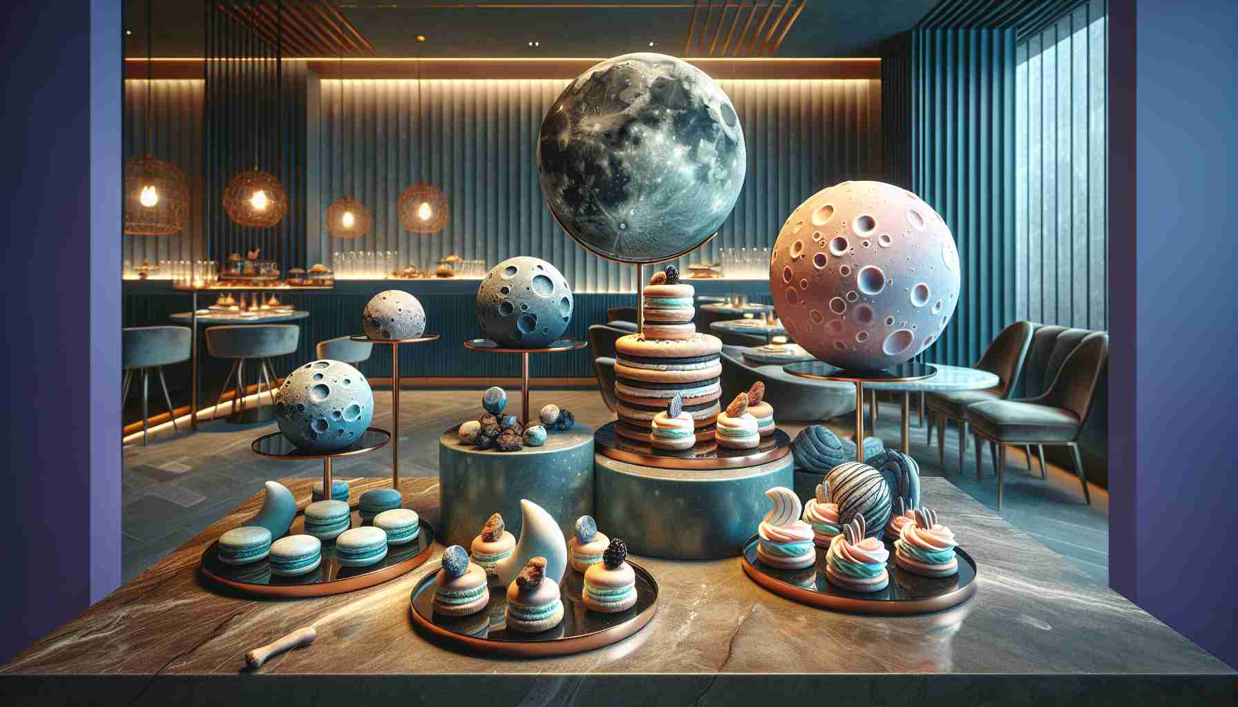 Create an image which showcases a unique variety of lunar-inspired desserts at a fashionable chain establishment. The image should be high definition, portraying the delicacies with realistic detail. This collection of lunar-themed treats could include moon-shaped macarons, crater-like donuts, and swirl-patterned cupcakes, all displayed elegantly in a trendy setting. The environment should reflect modern chic interior design with warm, diffused lighting bouncing off sleek surfaces, creating an inviting, pleasant atmosphere. The color scheme will be a cool contrast of earth tones and deep space blues. Note that the setting does not identify a specific, known popular chain.