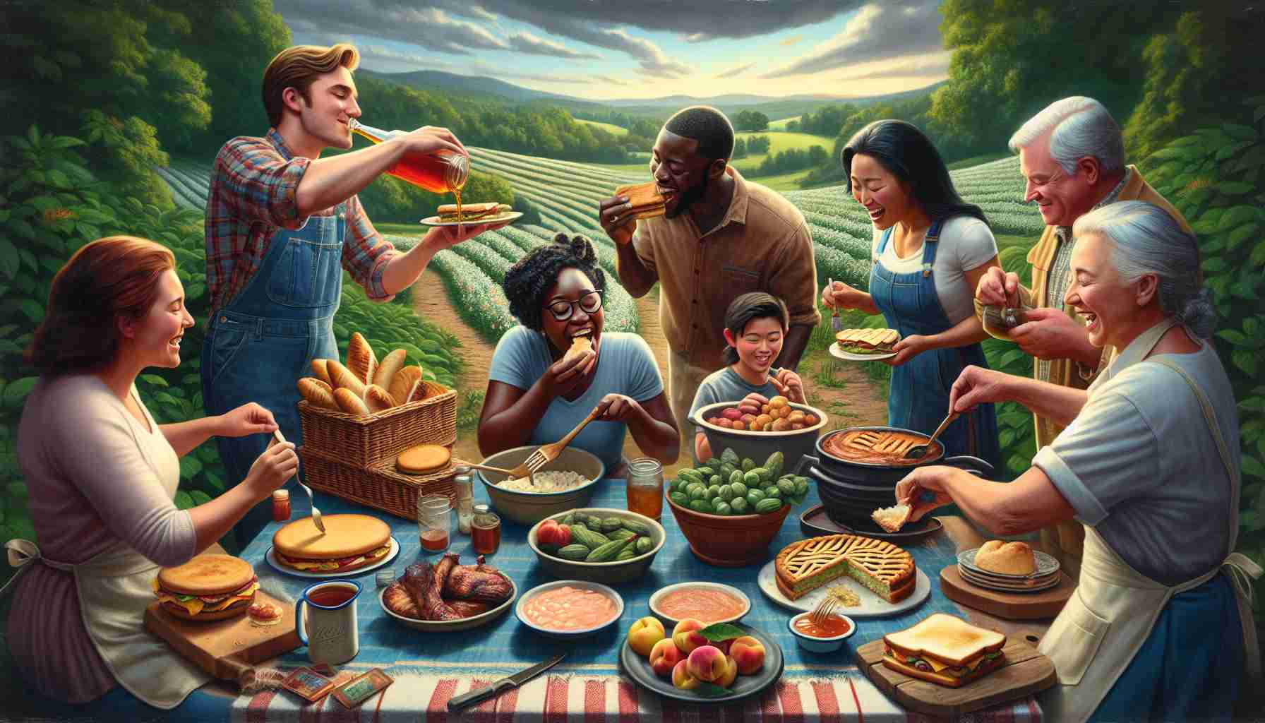 An image capturing the joy of exploring culinary delights in rural Tennessee. At the center, a Southern picnic with a variety of scrumptious dishes is spread on a woven blanket with a backdrop of lush green environment. Several people are around the picnic, a Black woman is biting into a sandwich while a Caucasian man is pouring sweet tea. Nearby, a Hispanic kid is eagerly waiting for a slice of peach pie, and a South Asian woman is slicing barbecued meat. All appear engaged, joyful, and deeply lost in the savory spreads, highlighting the diversity of the Tennessee culinary scene.