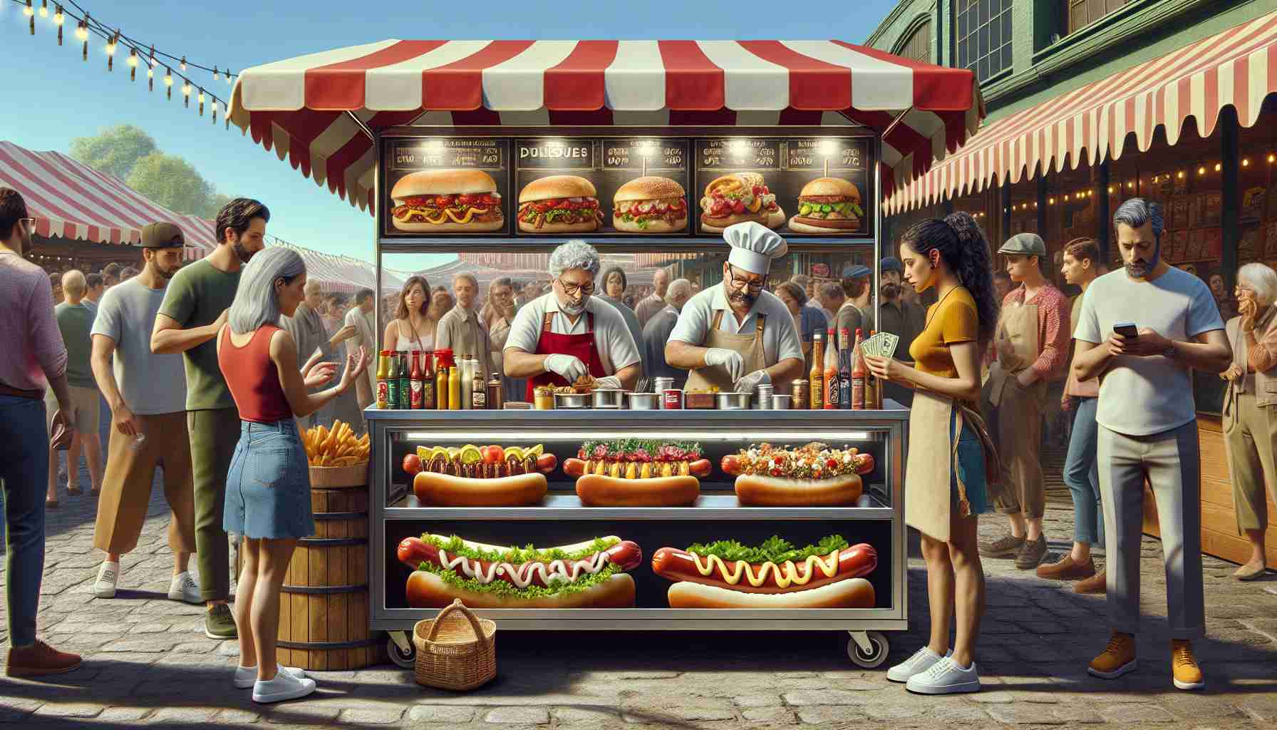 Generate a detailed, high-definition image that shows a new gourmet hot dog setup that has been introduced in a renowned marketplace. The scene should include: a well-stocked hot dog stand, filled with a variety of deluxe toppings and sauces; the stand operator, a middle-aged Hispanic man, busy preparing a customer's order; customers - a young Caucasian woman and an elderly Black man - waiting in line, hungry, each holding some money; market stalls filled with a variety of products in the background; market shoppers of various ages and races; a clear, sunny day.