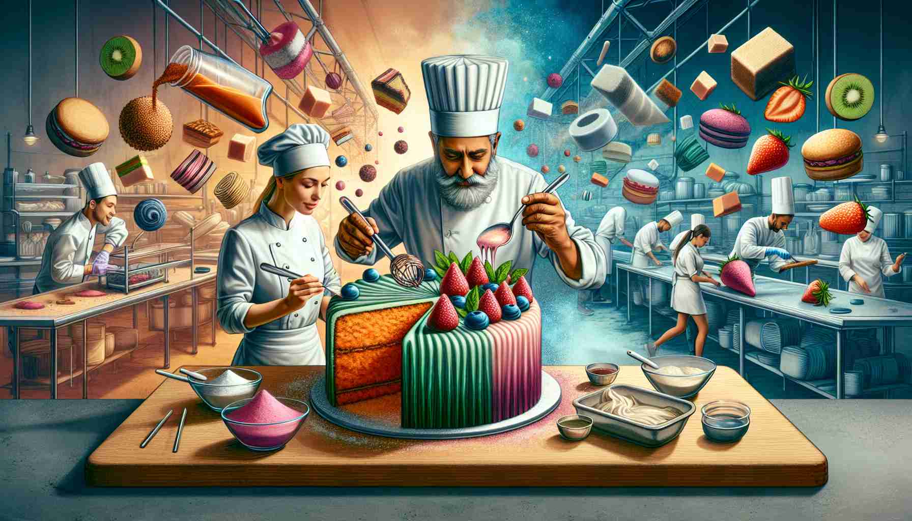 Imagine a high-resolution visual capturing the essence of innovation in today's sweet treats. It could showcase a confectioner working delicately on a fusion dessert, perhaps a Middle-Eastern gentleman blending traditional ingredients with modern flair. Next to him might be a Caucasian female chef creating a vegan, gluten-free cake that looks as decadent as a classic sugar-filled treat. The background would brim with the energetic bustle of a modern food industry, confectionery experiments in progress, with colorful ingredients spread around. The picture emphasizes that these sweets are not just delectable but revolutionary in the culinary world.