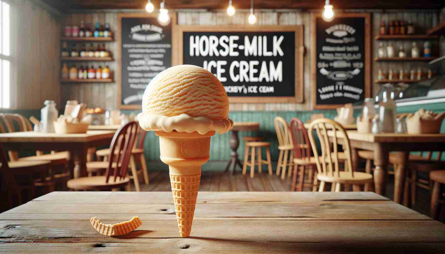 A high-definition, photorealistic image showcasing an adventurous foodie's experience of trying horse-milk ice cream for the first time. The focus of the scene should be the bright scoop of ice cream placed on a wafer cone, light in color with a texture that suggests its unique origin. The ice cream might have a slightly glossy sheen, hinting at its creaminess. The background might include the ambiance of an quirky ice cream parlor complete with rustic wooden tables, chalkboard menus, and a variety of quirky ice cream flavors displayed.