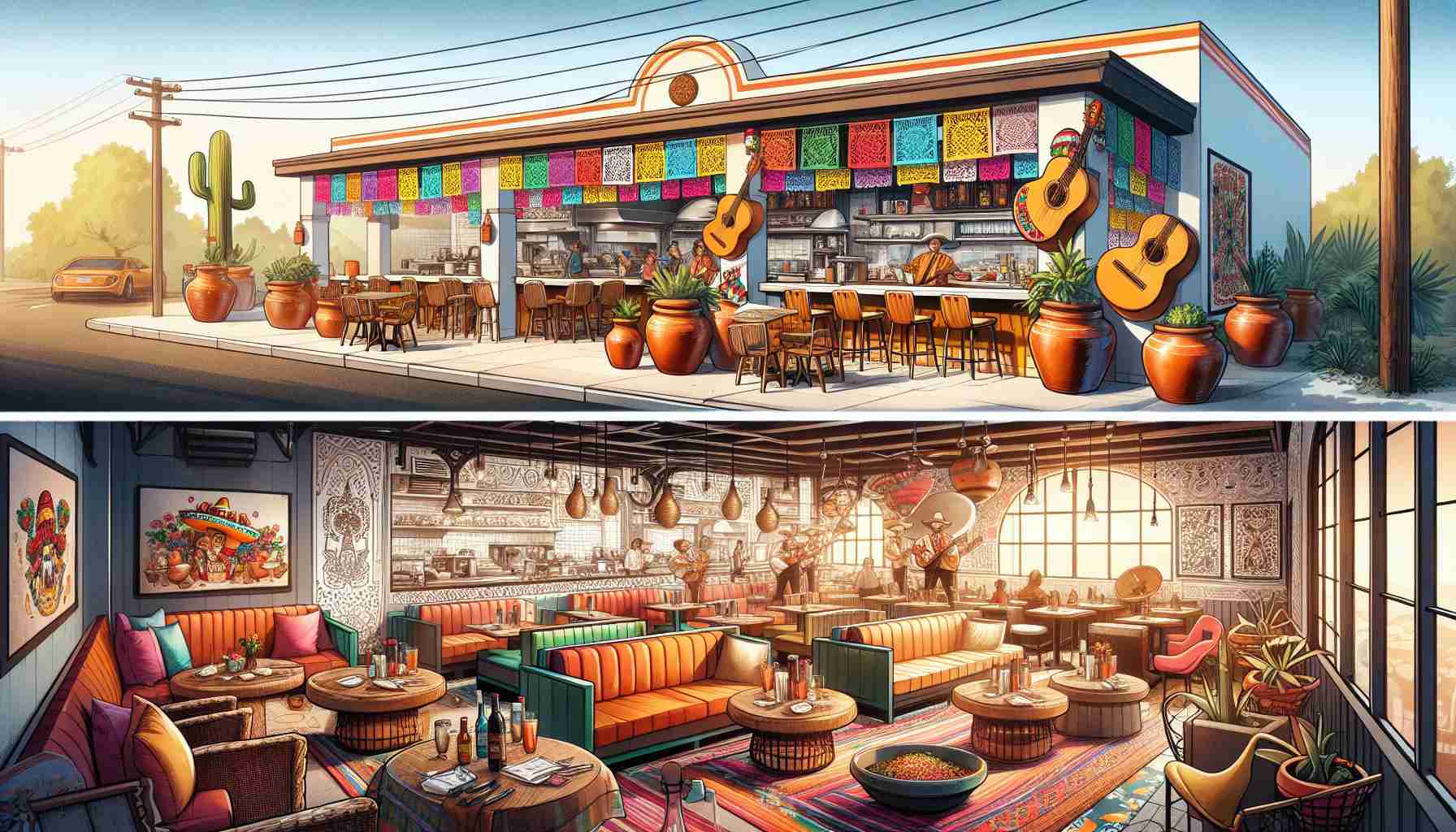 A vivid and detailed, high-definition illustration of the remarkable transformation of a revered Mexican restaurant. The original establishment should depict a traditional Mexican diner with vibrant colors, terracotta pots, mariachi decorations, and warm, yellowish lighting. Fast forward to its transformation, portray a modernized version preserving cultural elements but with a plush, contemporary touch. Include sleek furniture, a state-of-the-art kitchen setup, mood lighting, and scattered traditional Mexican artifacts for the contrast.