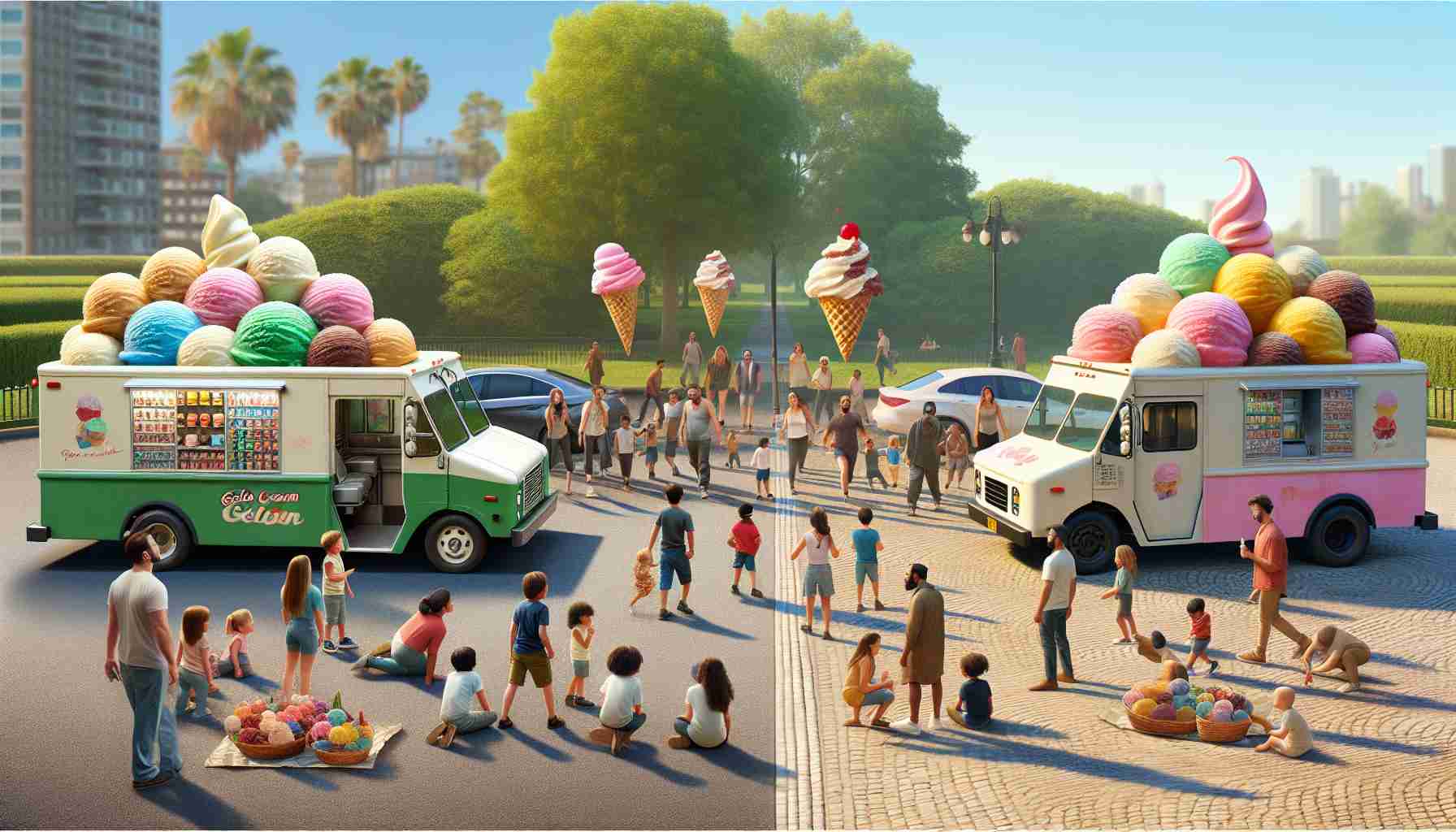 Create a hyper-realistic HD image that tells a story of an ice cream turf war evolving into a peaceful scenario of gelato abundance. Picture this: two ice cream trucks, one driven by a Caucasian woman and the other by a Middle-Eastern man, parked facing each other in a tense standoff. In the next frame, weave in harmony with the same trucks side by side in a park. The park is filled with children and adults of diverse descents enjoying a wide variety of gelato served from these trucks. The atmosphere is one of joy, calm and abundance.