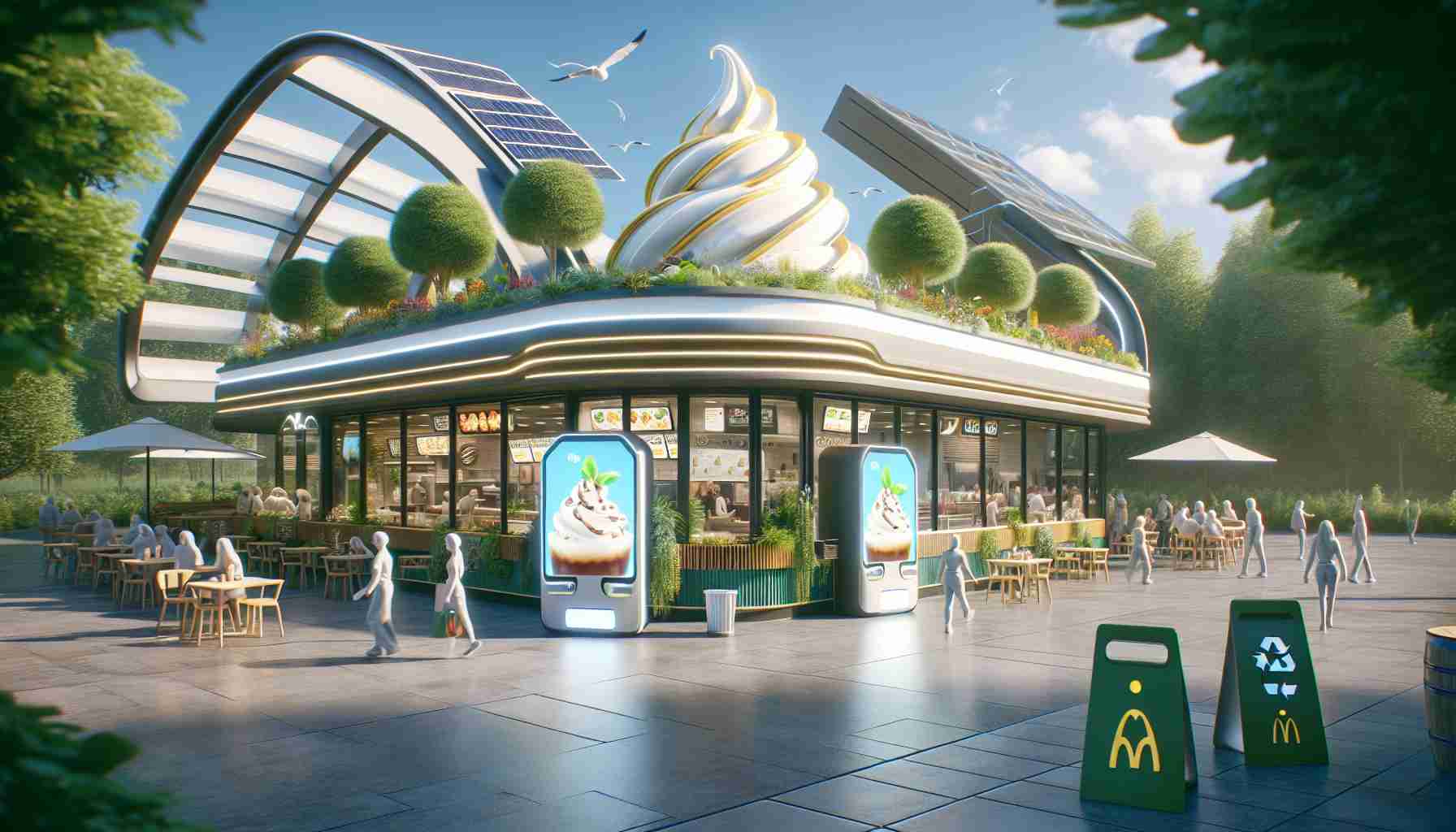 A detailed, high-definition image portraying a futuristic take on a popular fast-food chain's approach to sustainability. The scene includes a redesigned restaurant with environmentally-friendly features such as solar panels, vertical gardens, and recycling stations. Focus on the innovative tweaks in their dessert machine that now offers an improved, eco-friendly version of a beloved, creamy, whipped dessert, packaged in recyclable materials.