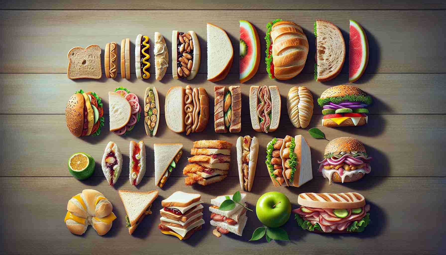 Generate a realistic, high-definition image presenting the evolution of sandwiches around the world. The image should illustrate the progression of different types of sandwiches from various global cuisines, demonstrating the adaptability and versatility of this universal food item. For instance, include a classic American peanut butter and jelly sandwich, a Vietnamese Banh Mi, a Middle Eastern Shawarma sandwich and a British tea sandwich, among others. Each should be neatly exhibited in a chronological order to depict their evolution, while showcasing unique ingredients and distinctive preparation methods.