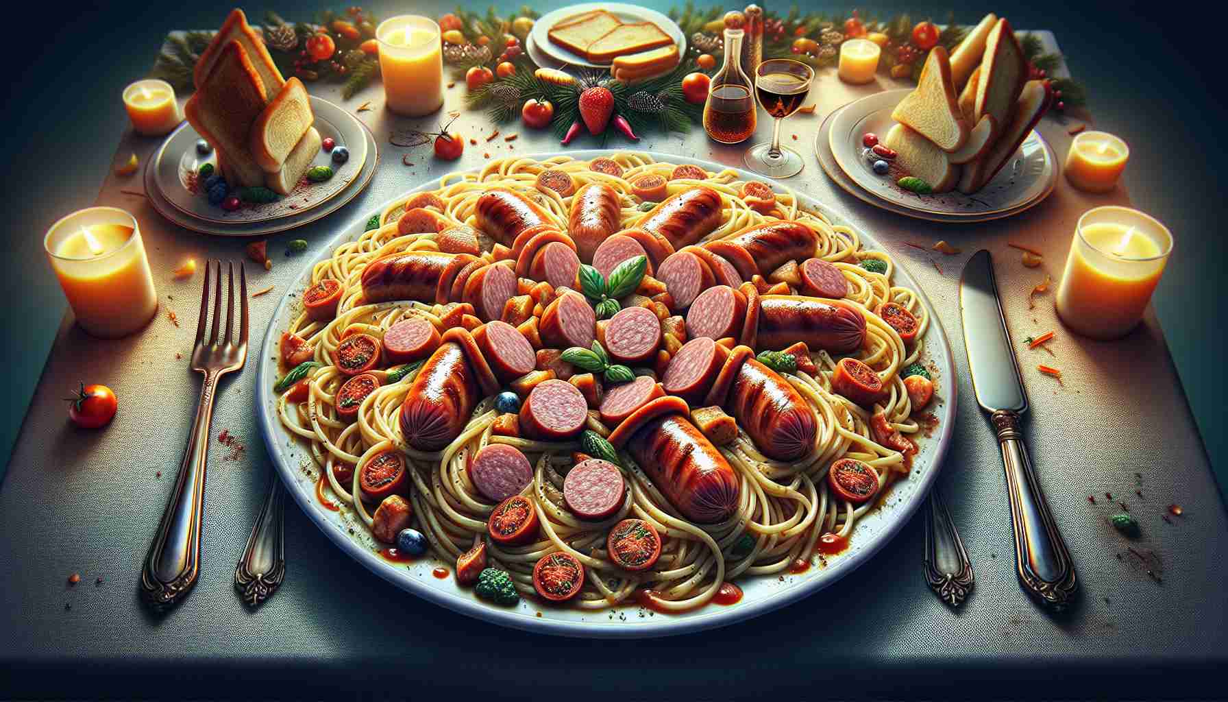 Create a highly detailed and realistic image of a culinary scene titled 'The Fusion Feast: Spaghetti Sausage Delight'. This image showcases a visually appetizing plate of spaghetti, heavily garnished with succulent pieces of sausage. The spaghetti is artfully twisted on the plate and the sausages placed strategically. Around the plate, the table has a beautiful festive setting marking the importance of the feast. The colors in the image are sharp and vivid, creating a mouth-watering impact. The details and textures should be so clear that it should almost be possible to smell and taste the food merely by looking at the image.