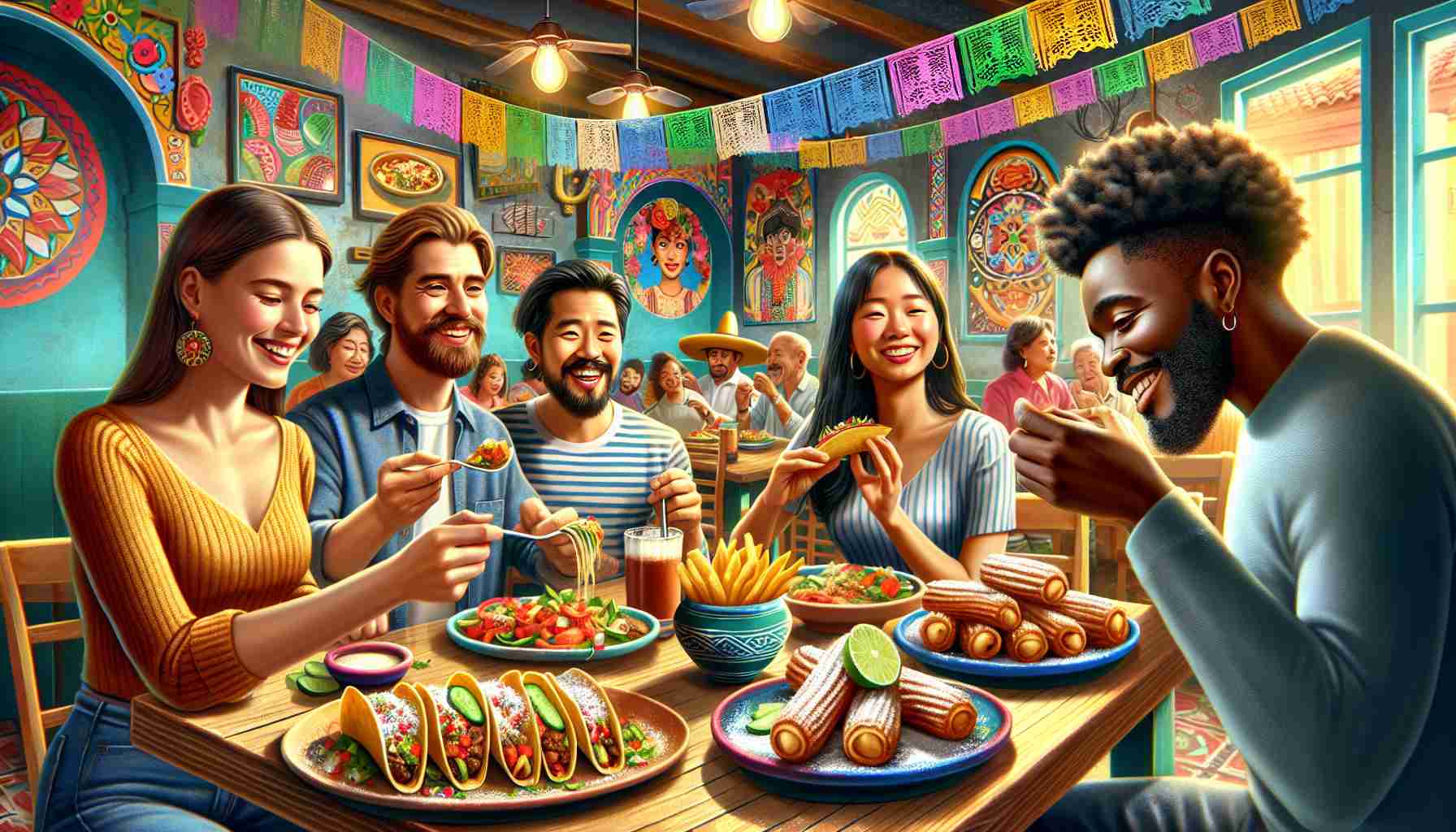 Image of a vibrant taqueria full of energy and full of colors. There's a diverse group of people with different descents happily exploring new flavors. A Caucasian man appears to be enjoying a soft-shell taco filled with savory meat and garnished with fresh vegetables. Next to him, an Asian woman is enamored by a plate of freshly fried churros, sprinkling powdered sugar on top. An African gentleman across the table is about to take a bite from a plate of delicious quesadillas. The tables are adorned with brightly painted clay pots and fresh flowers, and the walls are lined with colorful folk art murals. The ambiance is lively and the air is filled with the tantalizing aroma of Mexican cuisine.