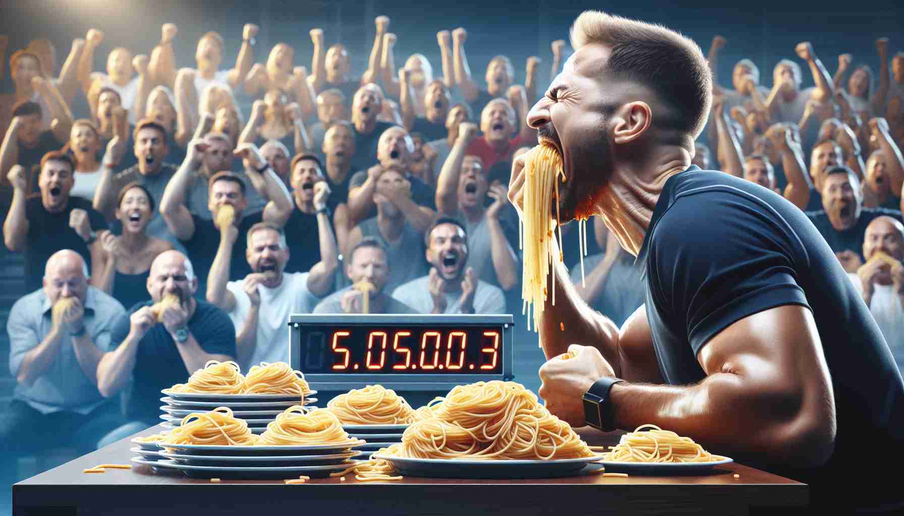 A high-definition, realistic image of a professional male food challenger setting a new record in a spaghetti eating competition. The scene is full of energy, with the man intensely devouring heaps of spaghetti, the audience around him cheering in awe and excitement. On the table around him, there's a timer showing the record-breaking time and multiple empty plates indicating the quantity of spaghetti eaten.