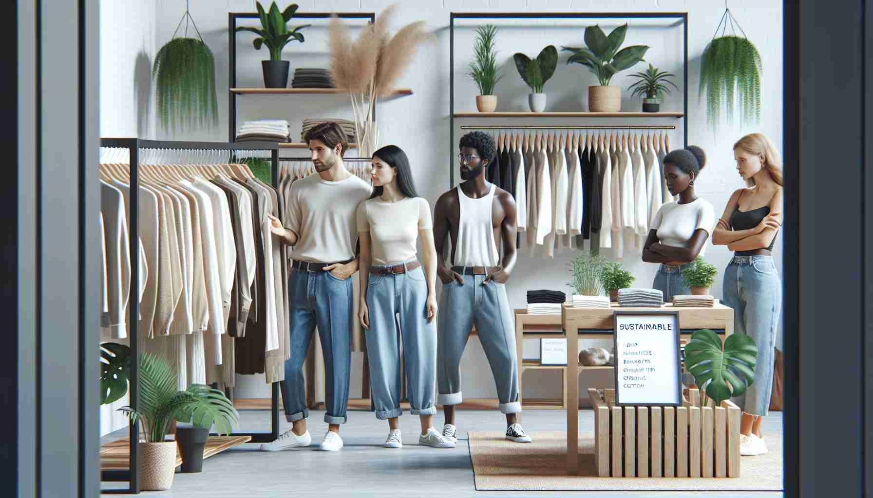 Produce a realistic, high-definition image portraying the rise of sustainable fashion. Depict an array of garments made from eco-friendly materials like hemp, bamboo fiber, and organic cotton. Show people of various ethnicities such as a Middle Eastern woman, a White man, a Hispanic woman, and a Black man, casually browsing through this clothing selection. Illustrate the setting in a chic, minimalist boutique, with plant accents and decor made from recycled materials, echoing the sustainable theme. Signs can be seen promoting the environmental benefits of these garment choices.