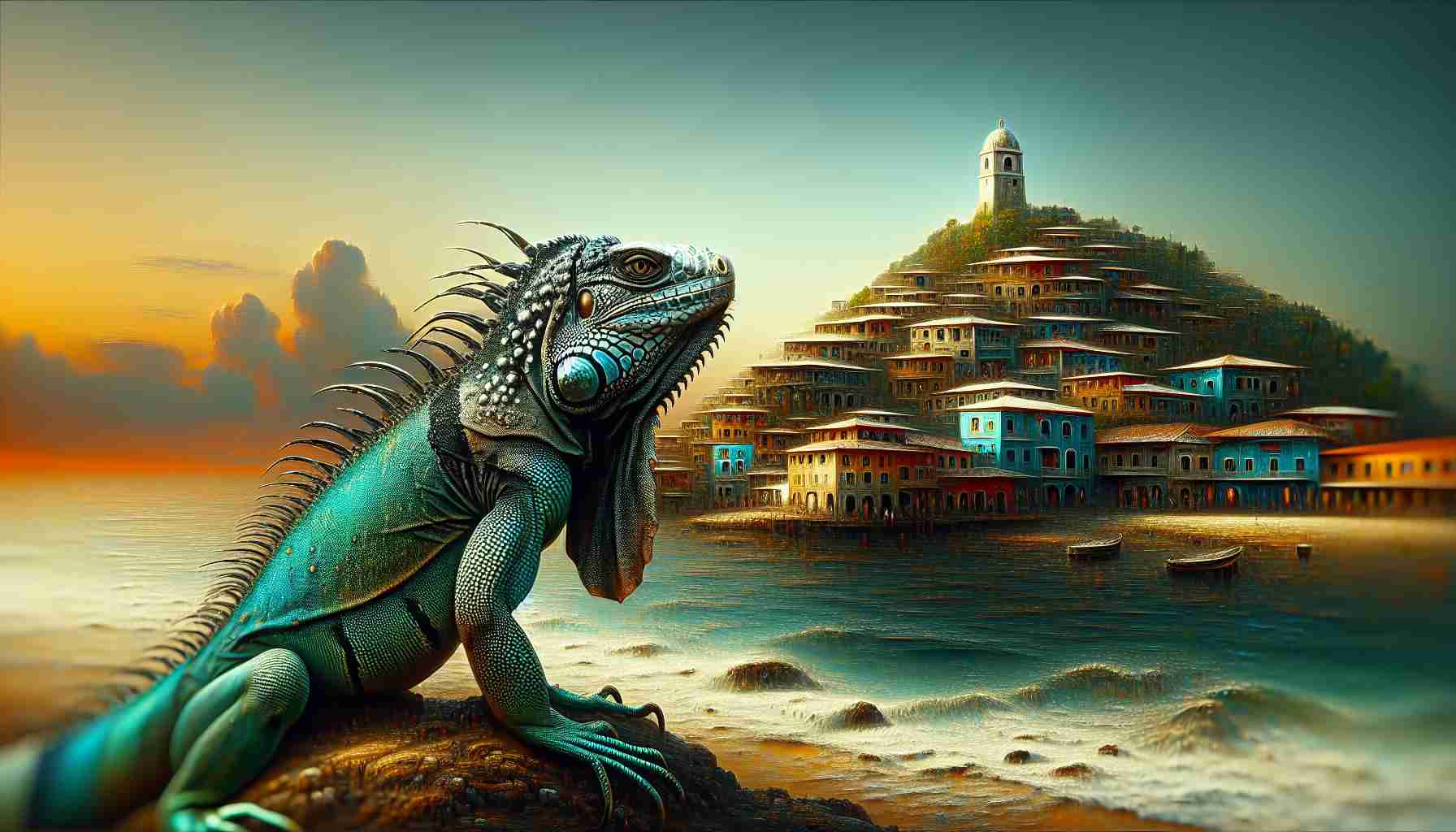 Generate a realistic, high-definition image depicting a farewell scene. Show an iguana, bristling with shades of sea green and sun-touched oceanic blue, perhaps looking back one last time at a set of distinct buildings which suggests the essence of a town named Olathe. The scene should capture a melancholic air, as if the iguana is reminiscing about the unforgettable flavors it had enjoyed there. Use rich, evocative tones to capture the emotion of the moment.