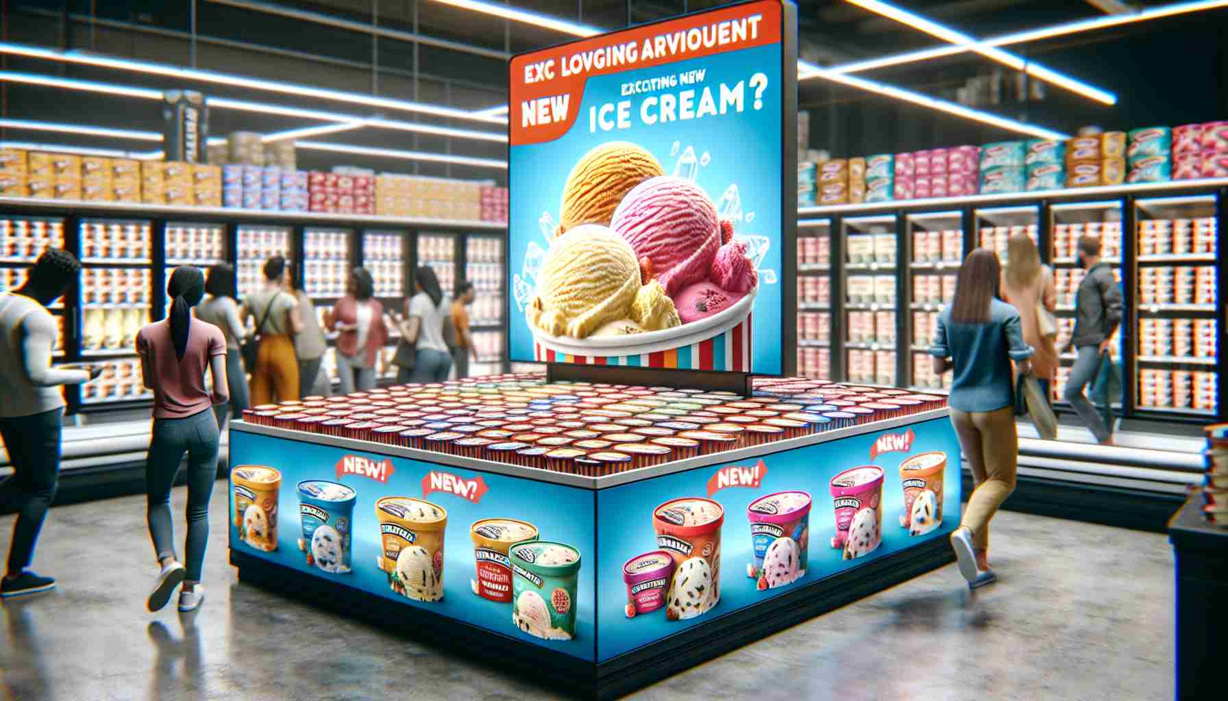 A high-definition, realistic image of a display announcing the arrival of exciting new ice cream flavors at a popular grocery store. The display should consist of branded freezer chests filled with bright and enticing tubs of ice cream, each with unique flavor labels that show they are new in stock. The arrangement should spark joy and anticipation for the upcoming ice cream season. The scene should be bustling with shoppers of different genders and descents, showing scenes of them reading labels and picking up ice cream tubs for purchase.