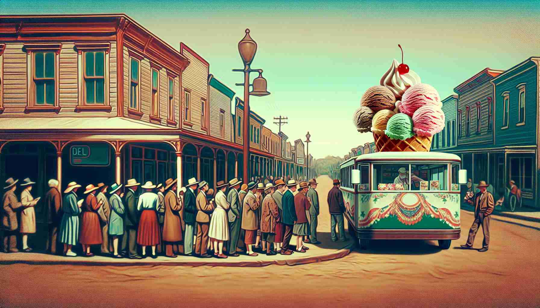 Generate a high-definition, realistic image showcasing a new flavor or style of ice cream that has recently become popular in a western small town setting. The picture should depict an ice cream stand or parlor with a line of eager customers of varied ages, gender, and descent. The featured ice cream should be distinct and creatively presented, perhaps showing an eclectic mix of toppings, unusual colors, or a unique serving style that captures the novelty and excitement of this new dessert trend.