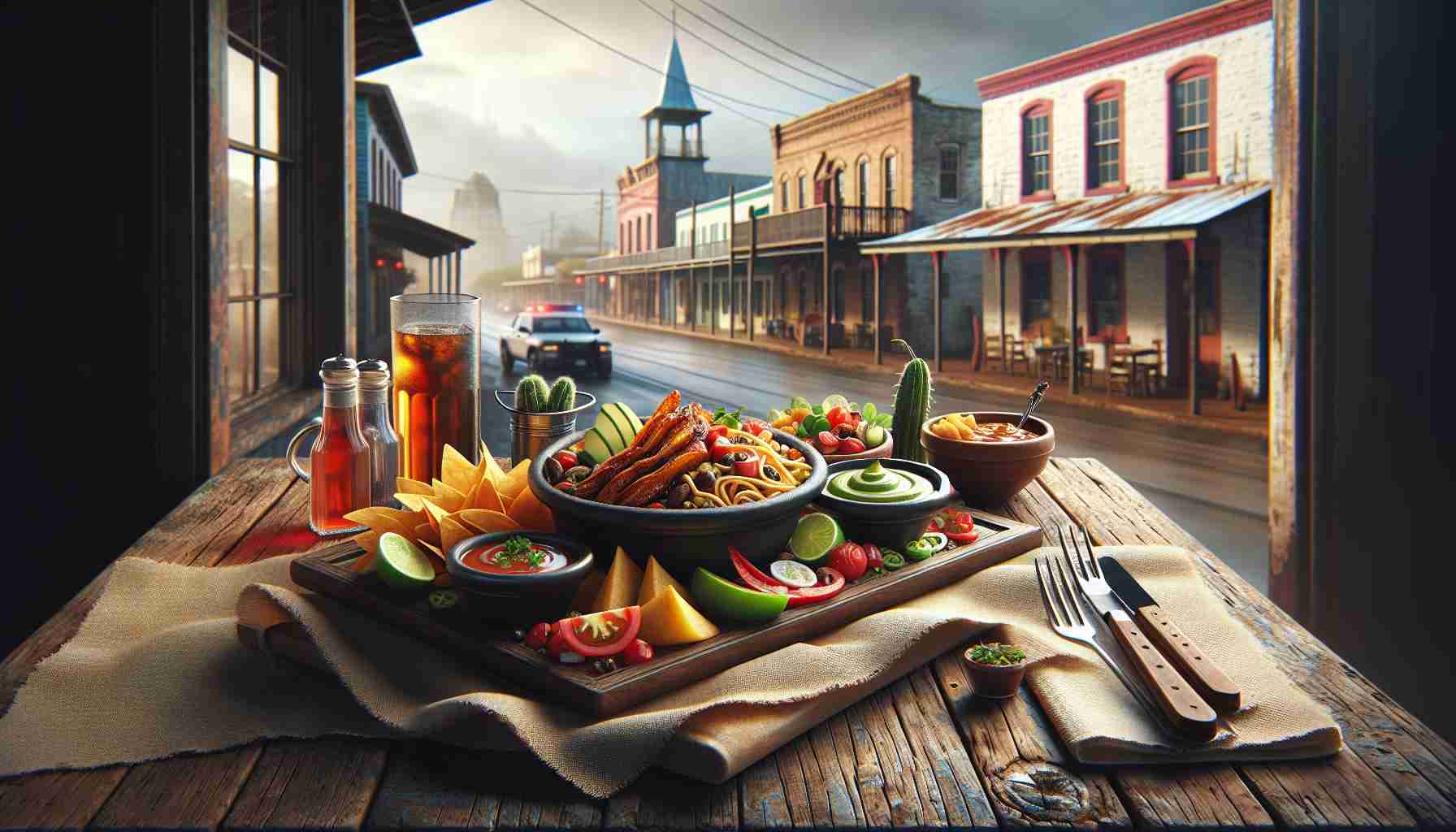 Create a high-definition, realistic illustration of a Tex-Mex Fusion dish, epitomizing culinary delight, nicely plated on a rustic wooden table, preferably in a cozy setting like the small historic town of Lockhart