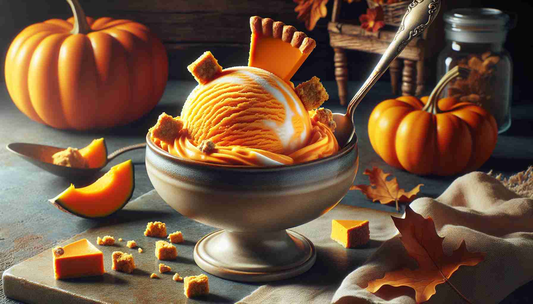 Create an ultra-high-definition realistic image featuring a sumptuous treat known as 'The Return of Indulgent Delight'. It is a scoop of pumpkin cheesecake ice cream, sitting beautifully in a tasteful dessert bowl. The ice cream has a vibrant orange color with creamy swirls suggesting the rich cheesy flavor. Scattered on top are tiny chunks of crust, adding texture to the frozen delight. Imagine the scoop melting slightly, presenting a glossy sheen that reflects light, adding to the allure of the dessert. Surroundings should be composed of rustic autumn-themed elements for a perfect fall ambiance.