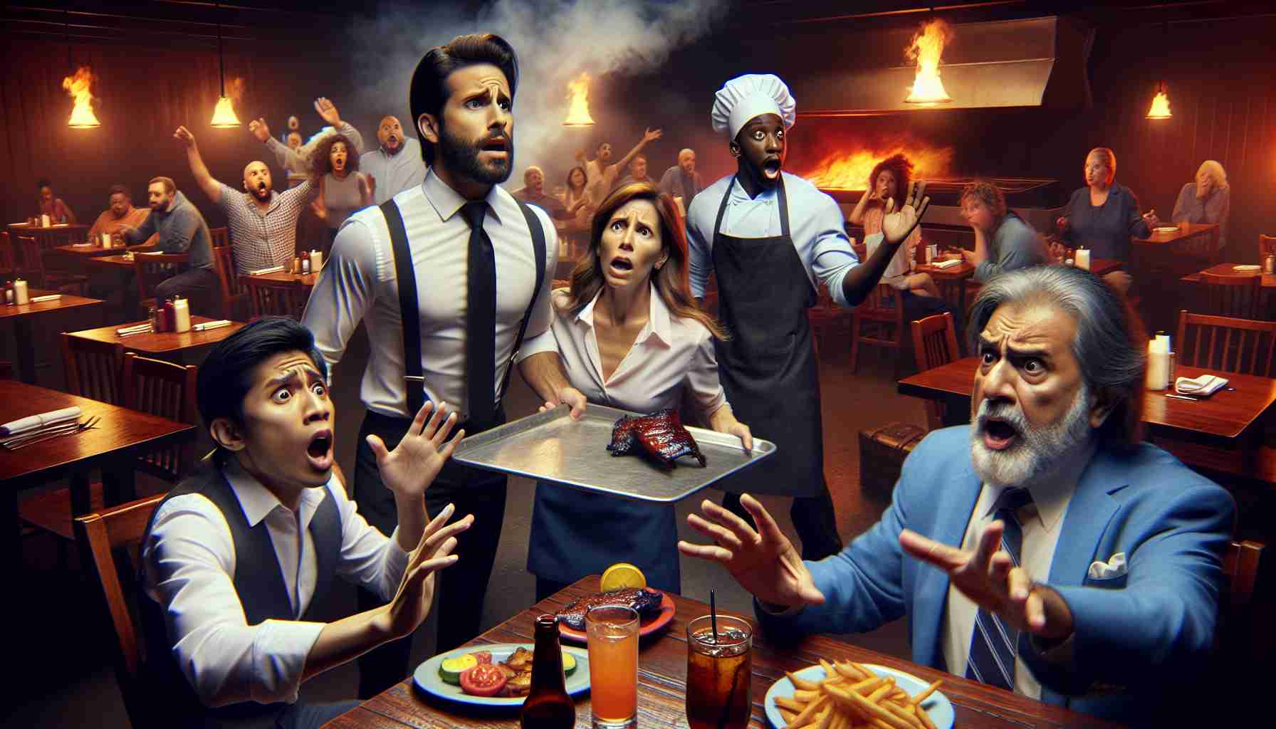 Generate a realistic high-definition image depicting a dramatic event happening at a BBQ restaurant named Swadley's. Include diverse characters, such as a surprised Hispanic female waiter carrying a tray of drinks, a Caucasian male customer pointing at something off-frame, and a confused Middle-Eastern restaurant manager gesturing for calm. Make sure to incorporate details such as dark wooden tables, shiny silverware, smoky BBQ grills, and colorful BBQ dishes on the tables.