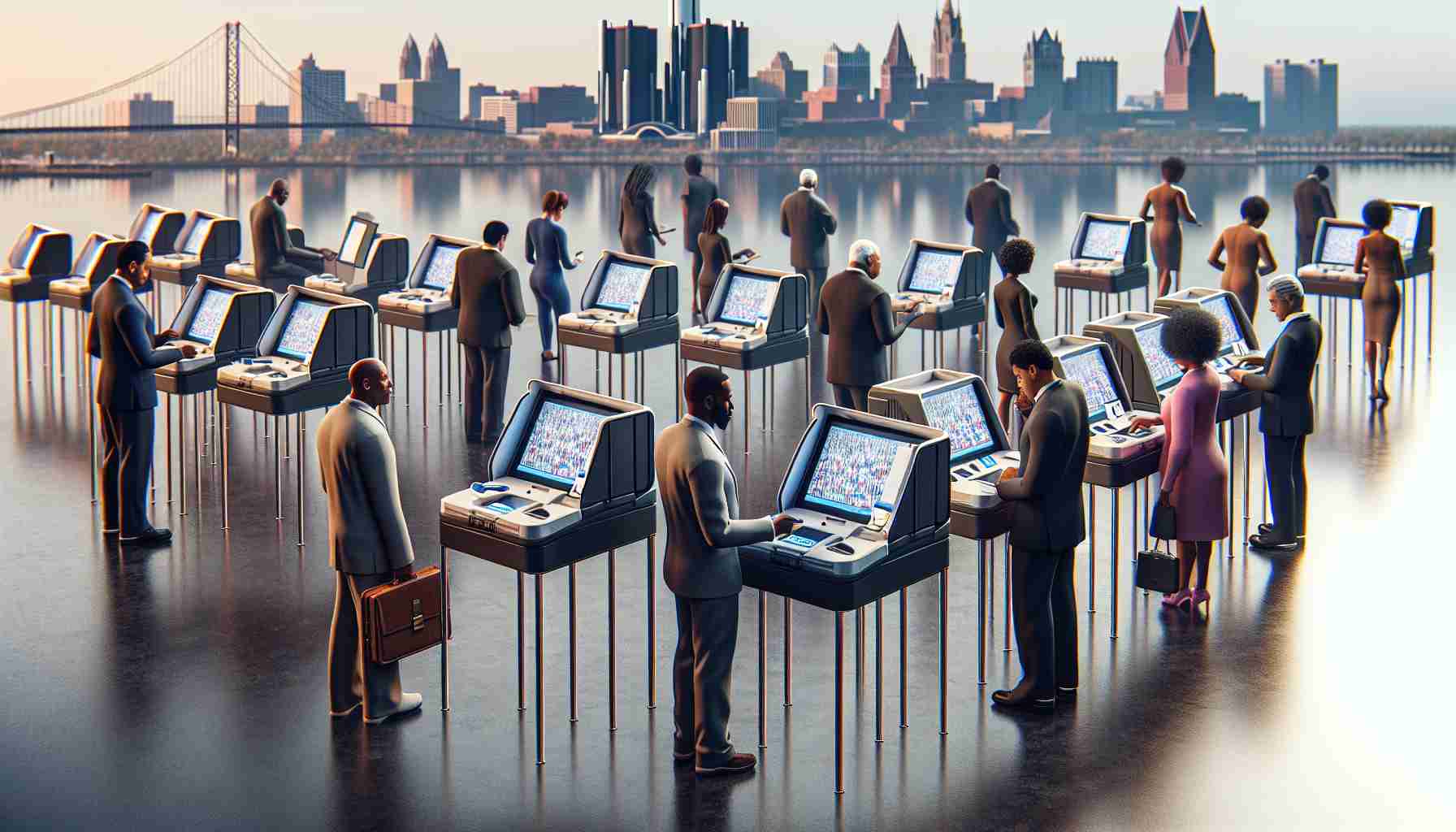 High-definition, realistic image depicting the transformation of voting processes in Detroit through the lens of technology. Picture a scene with compact touch-screen voting machines modernly designed standing on long tables. Men and women of various descents, such as African American, Caucasian, Hispanic, and Middle Eastern, are interacting with these machines, casting their votes electronically. Elements including braille-enabled components for the visually impaired and headphone jacks for audio assistance can be included as well to represent inclusivity of the technology. Also, visualize citizens receiving digital receipts of their votes from machines.