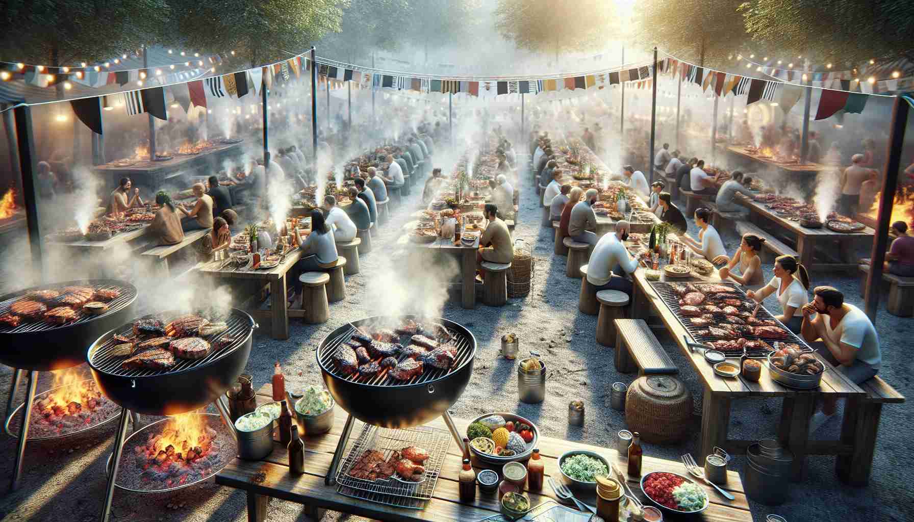 High-definition, realistic image of a food explorer's paradise with a focus on barbecue. Picture an outdoor setting filled with smoking coal grills, emitting a smoky aroma that hangs in the air. The grills are filled with a variety of succulent meats sizzling and waiting to be savored. Tables around are heaped with a variety of barbecue sauces, spices, and side dishes like coleslaw and grilled vegetables. People of various descents and genders can be seen around, grilling, eating, or simply talking, creating an energetic community atmosphere.