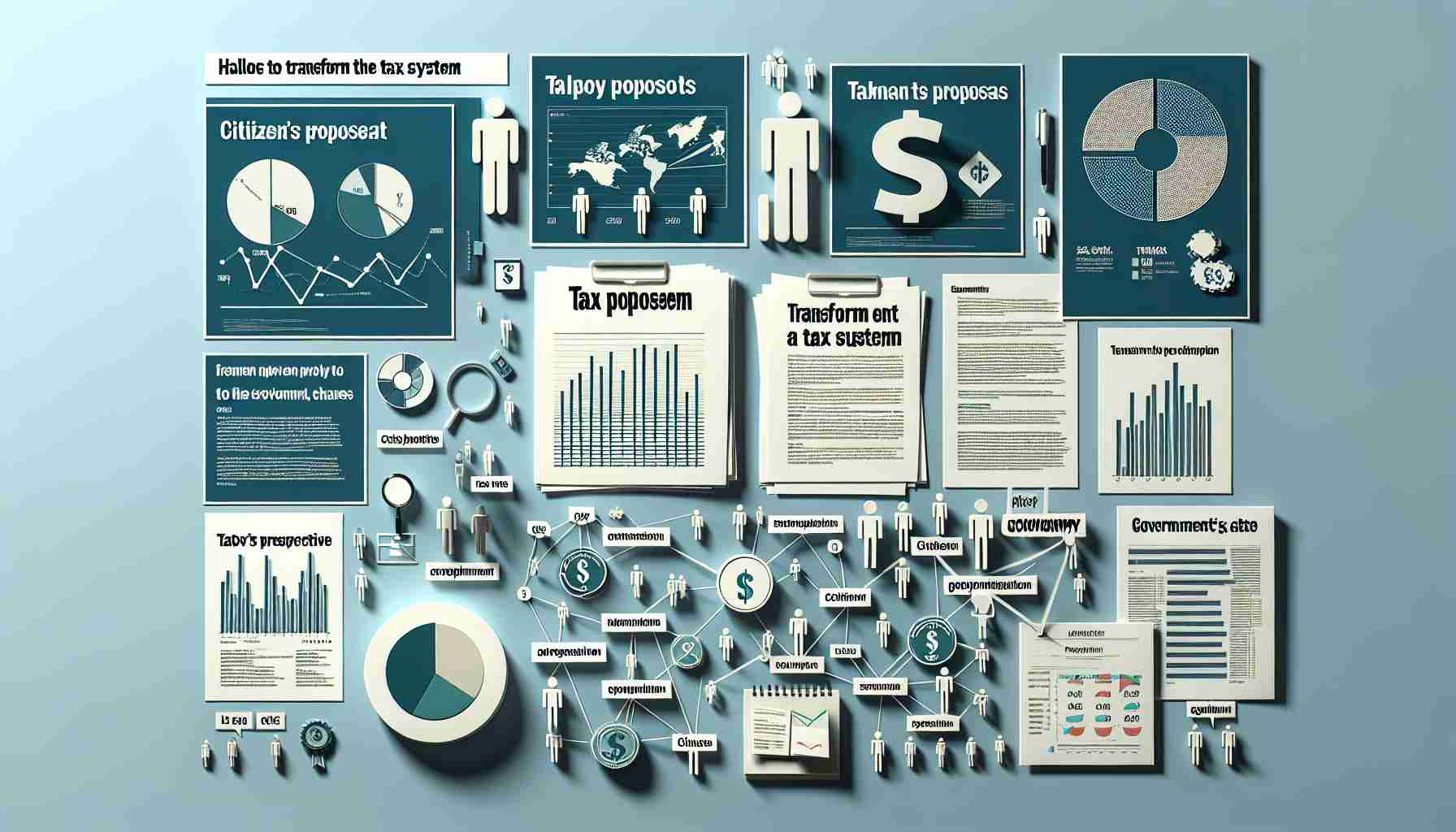 A high-resolution image of a collection of documents and visuals illustrating various proposals to transform the tax system. These proposals are significant talking points for an upcoming election. There are bar graphs, pie charts, and line diagrams depicting changes in tax rates, revenue, expenditure, and other relevant aspects. Also present are elements symbolizing citizen's perspective, economy, and government's role in shaping tax policies.