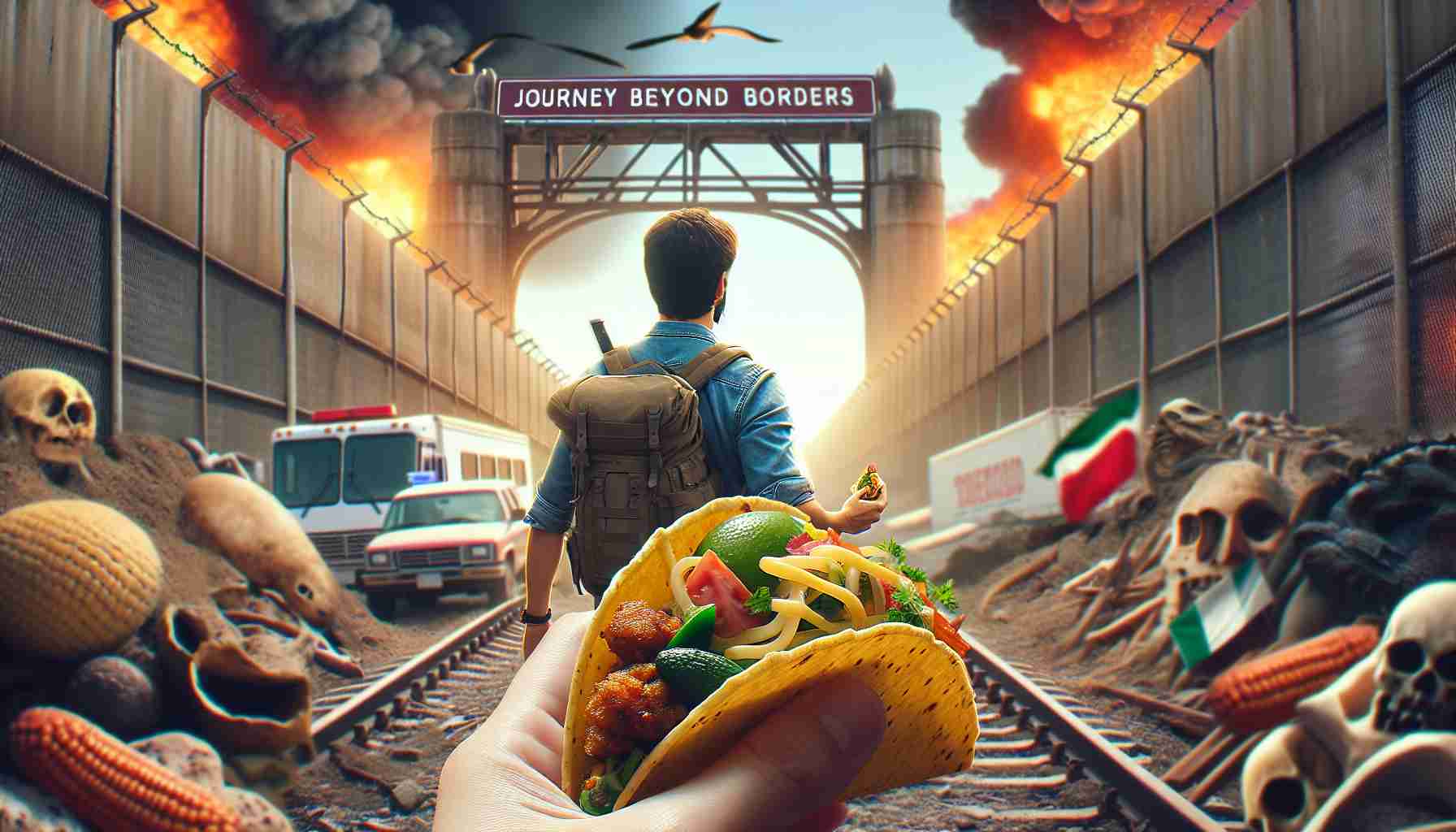 Create a realistic high-definition image of an adventurous scene involving tacos. The scene should portray a journey beyond borders, possibly introducing global influences on the classic taco. This could involve a person, male with South Asian descent, holding a taco with ingredients that are traditional in other cuisines, signifying the union of flavors from different countries. The person could be standing at a border, perhaps a bridge or a checkpoint, indicating the 'journey beyond borders'. There should be a feeling of excitement and novelty, capturing the adventurous spirit of the concept.