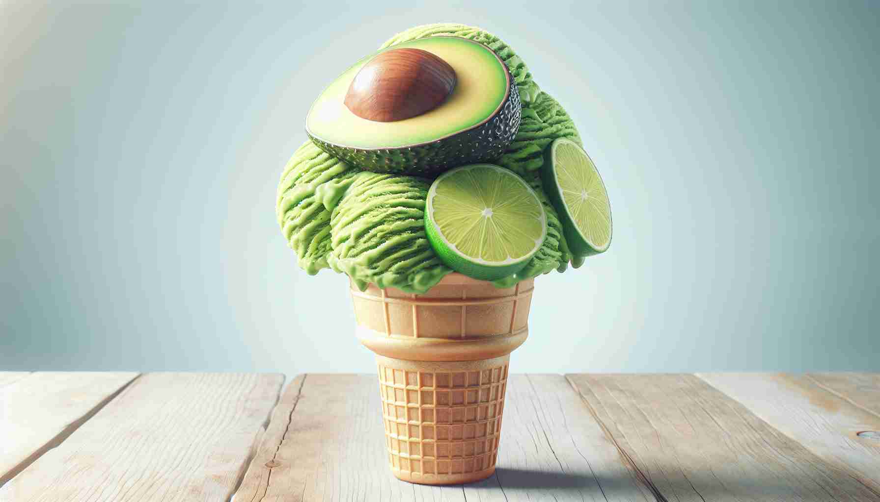 Generate a realistic high-definition image showcasing a unique fusion of flavors: an avocado-lime ice cream. The ice cream is freshly scooped and rests in a classic cone. The avocado's creamy green texture harmoniously mingles with the vibrant tanginess of the lime, creating an exciting play of colors. The scene is all set for its debut against a light wood table underneath, perhaps at a quaint ice cream parlor.