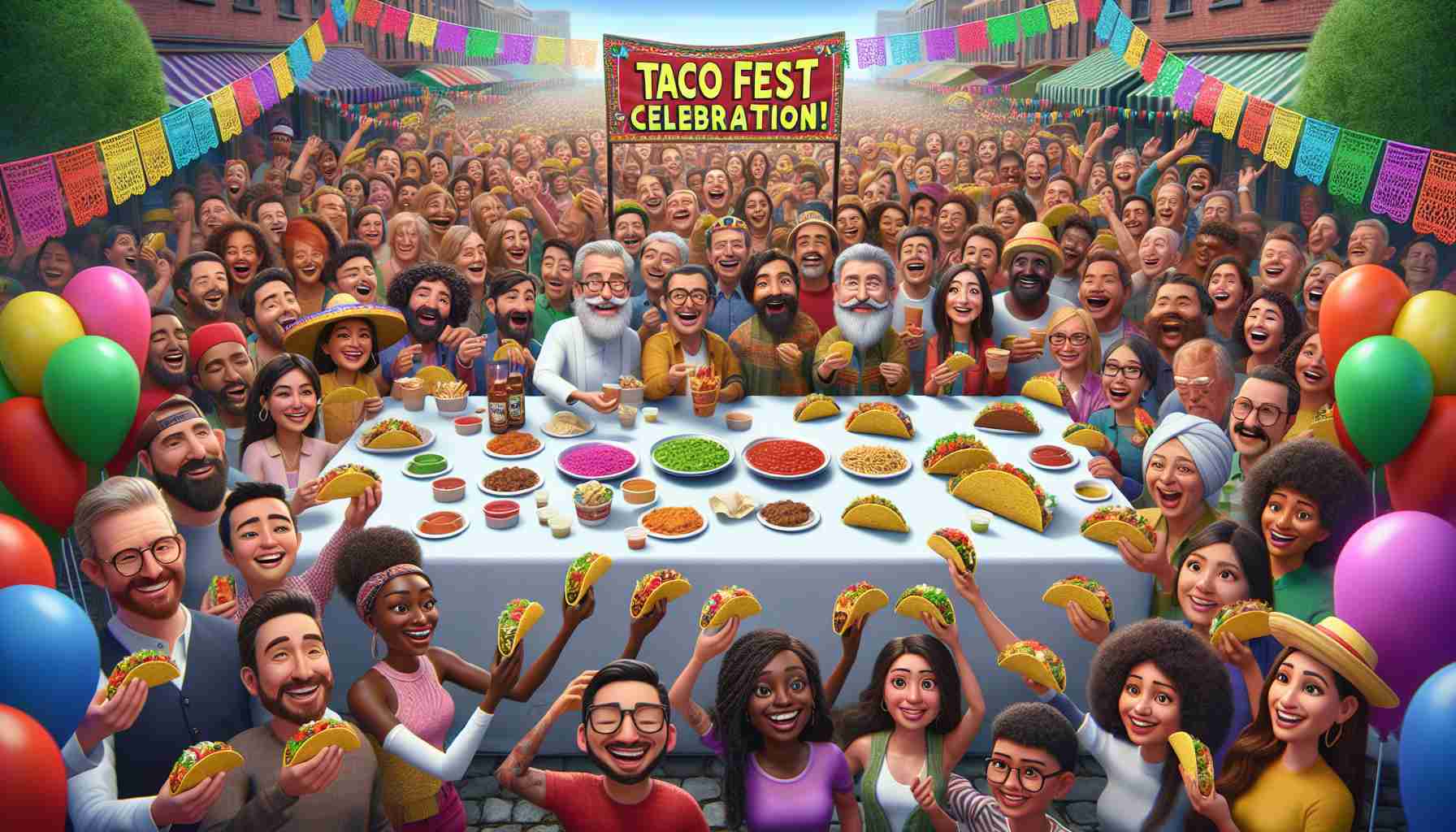 An HD photo of a lively taco festival in full swing. People from all walks of life, Caucasian, African, Hispanic, Middle Eastern, Asian, are merrily partaking in the festivities. Central to the festival is a stall, adorned with vibrant decorations and a banner reading 'Taco Fest Celebration!', from which attendees are receiving free taco treats. Everyone appears excited and is holding a variety of different, colorful tacos, freshly prepared and ready to be enjoyed.