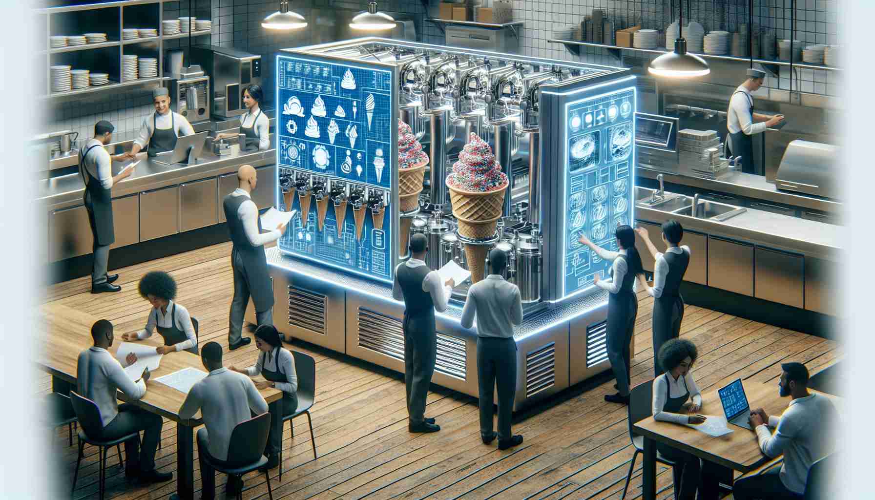 Imagine a realistic, high-definition picture depicting the initiatives of revamping ice cream machines in fast food chains. The image should showcase a futuristic yet functional ice cream machine design, with workers of mixed gender and varying descents including Black, Caucasian, and Hispanic backgrounds. They are busily working on the machine, some are reviewing blueprints and digital designs while others are physically upgrading the machine parts. Behind them, you see the familiar setting of a bustling fast food kitchen.