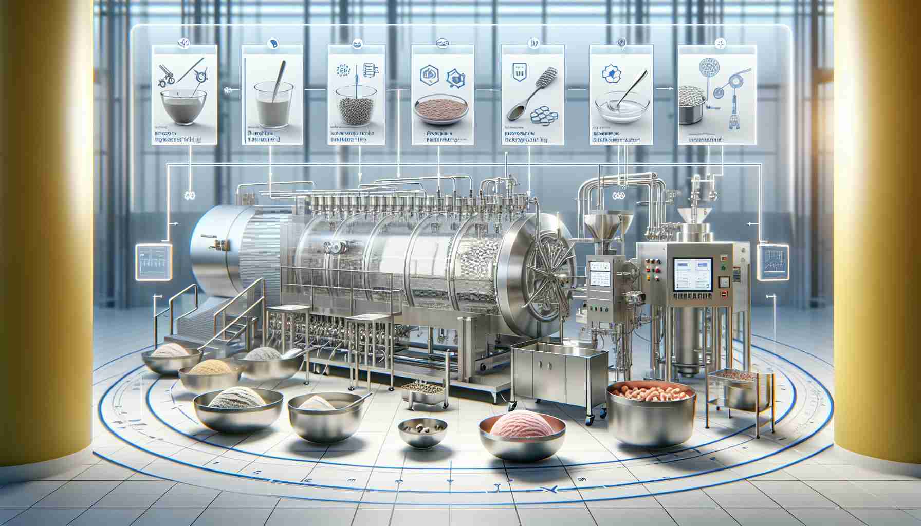 A high-definition, realistic image showcasing a series of solutions designed to improve the reliability of ice cream making. It includes advanced machinery for mixing and freezing, precision temperature controls for maintaining optimal conditions, and high-quality ingredient selection tools to ensure the best taste and texture. The image also features a manual process diagram, illustrating steps involving hand-crafted delicacies. The entire scene is set in a clean, brightly lit environment that is characteristic of modern industrial kitchens or food processing plants.