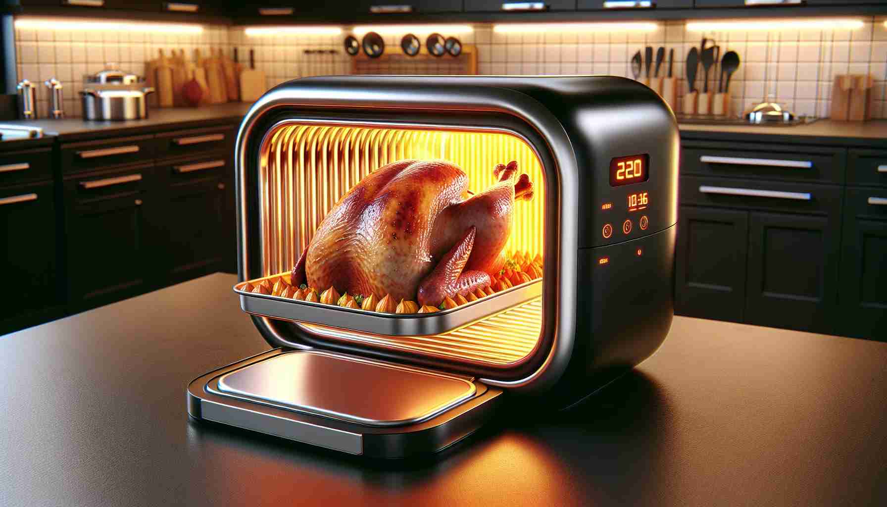 Create a high-definition realistic photograph showcasing an innovative culinary technology: The Instant Roast Turkey. Imagine a device, styled like a futuristic oven, which instantly cooks a turkey to perfection. The turkey emerges from the device, golden brown and beautifully garnished, radiating heat as if it has been cooking all day. The image should convey the revolutionary nature of this concept. Please include details like the sleek design of the device, the perfectly cooked turkey with crispy skin, and the futuristic kitchen setting.