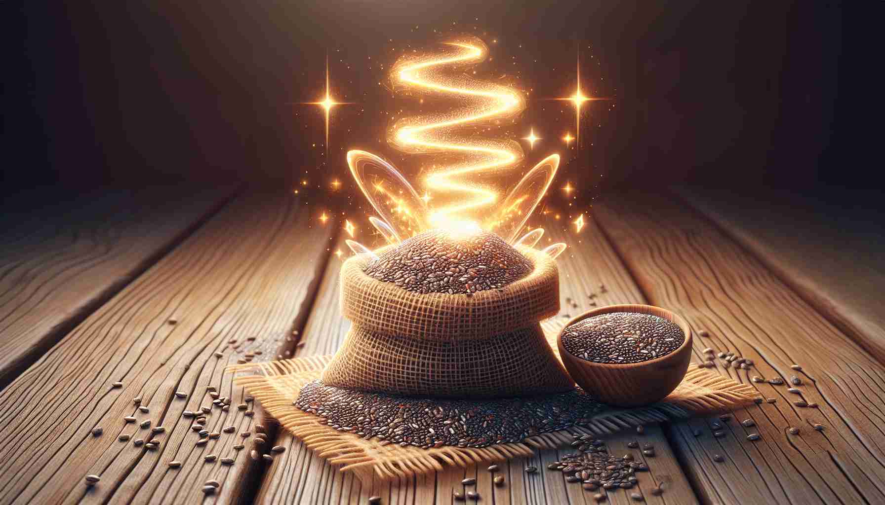 A high-definition, realistic image showcasing the energy-boosting power of chia seeds. The scene should include a handful of contrasting rich brown chia seeds, possibly spilled from a small burlap sack. Additionally, suppose some animated 3D energy waves or sparkles emitting from the seeds to symbolize their energy-boosting abilities. Set the entire scene against a wooden rustic table background for an organic feel.