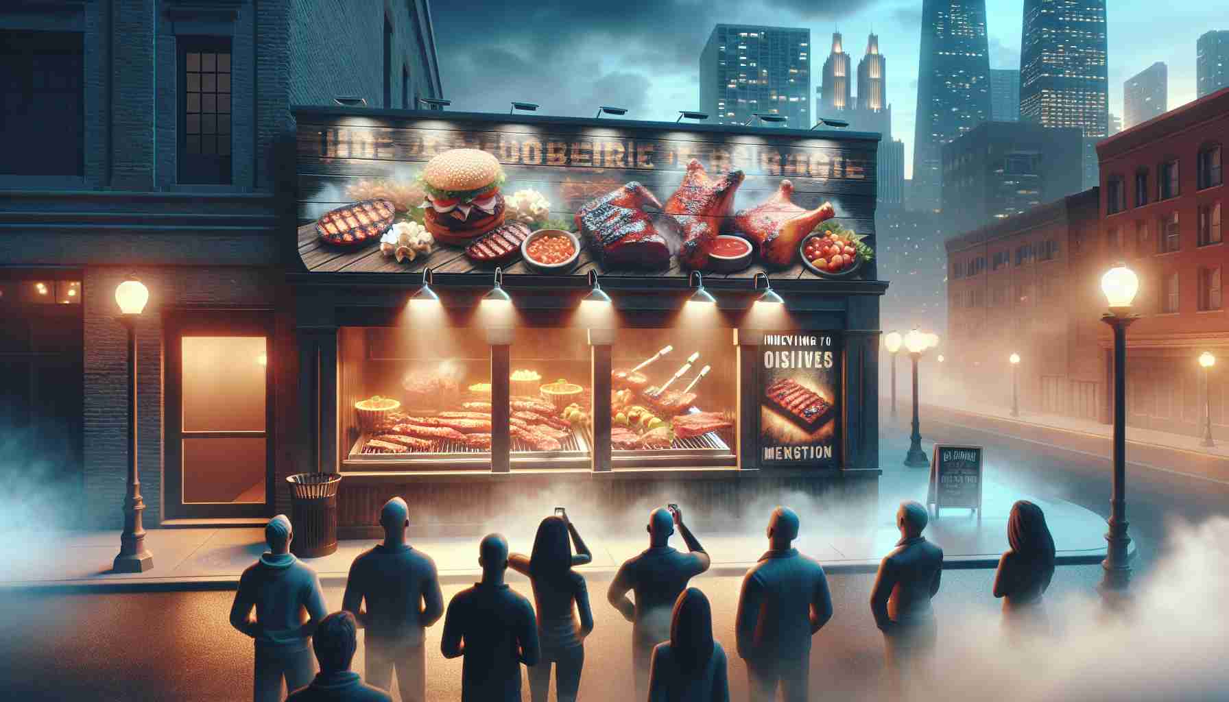 High-definition, realistic image featuring a barbecue restaurant in Chicago's Beverly neighborhood. The scene should highlight its innovative offerings, such as a variety of unique, well-presented and tantalizing grilled dishes shown with smokey background. Spectators might be included, fascinated by the display of food. It's evening with atmospheric lighting that gives a warm and inviting ambiance.