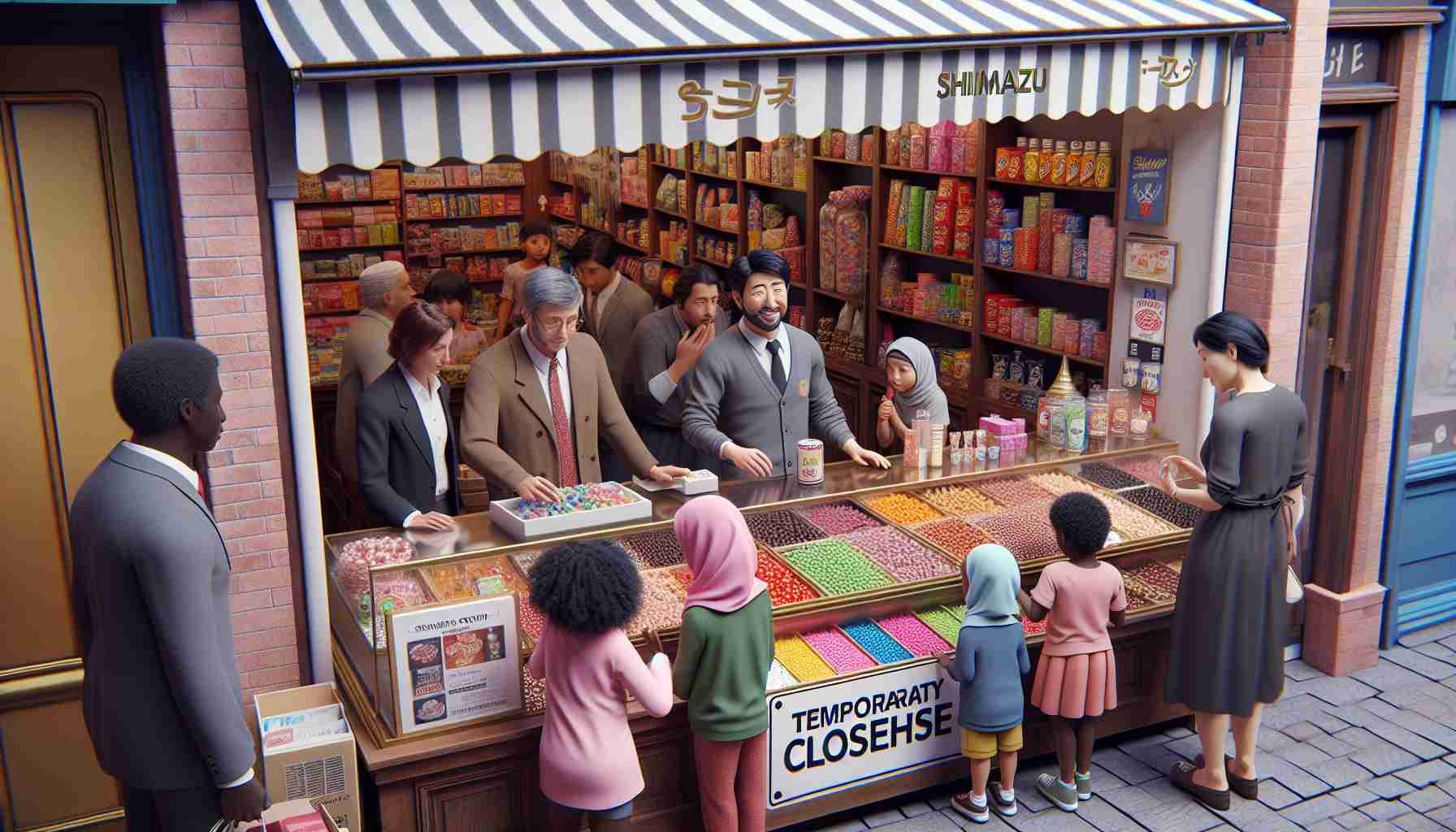 Generate a high definition realistic image depicting a delightful sweet store named 'Shimazu'. The store should be bustling with customers and life despite visible signs of challenging circumstances, like a 'Temporary Closure' sign. The shop interior should display a variety of colorful candies, chocolates and other sugary treats. Customers vary from children to adults, of different races such as Black, Hispanic, Middle-Eastern, South-Asian, Caucasian, and White, both men and women engaging in shopping. The shop owner, a determined middle-aged Asian man, is at the counter, serving with a smile amidst these challenges.